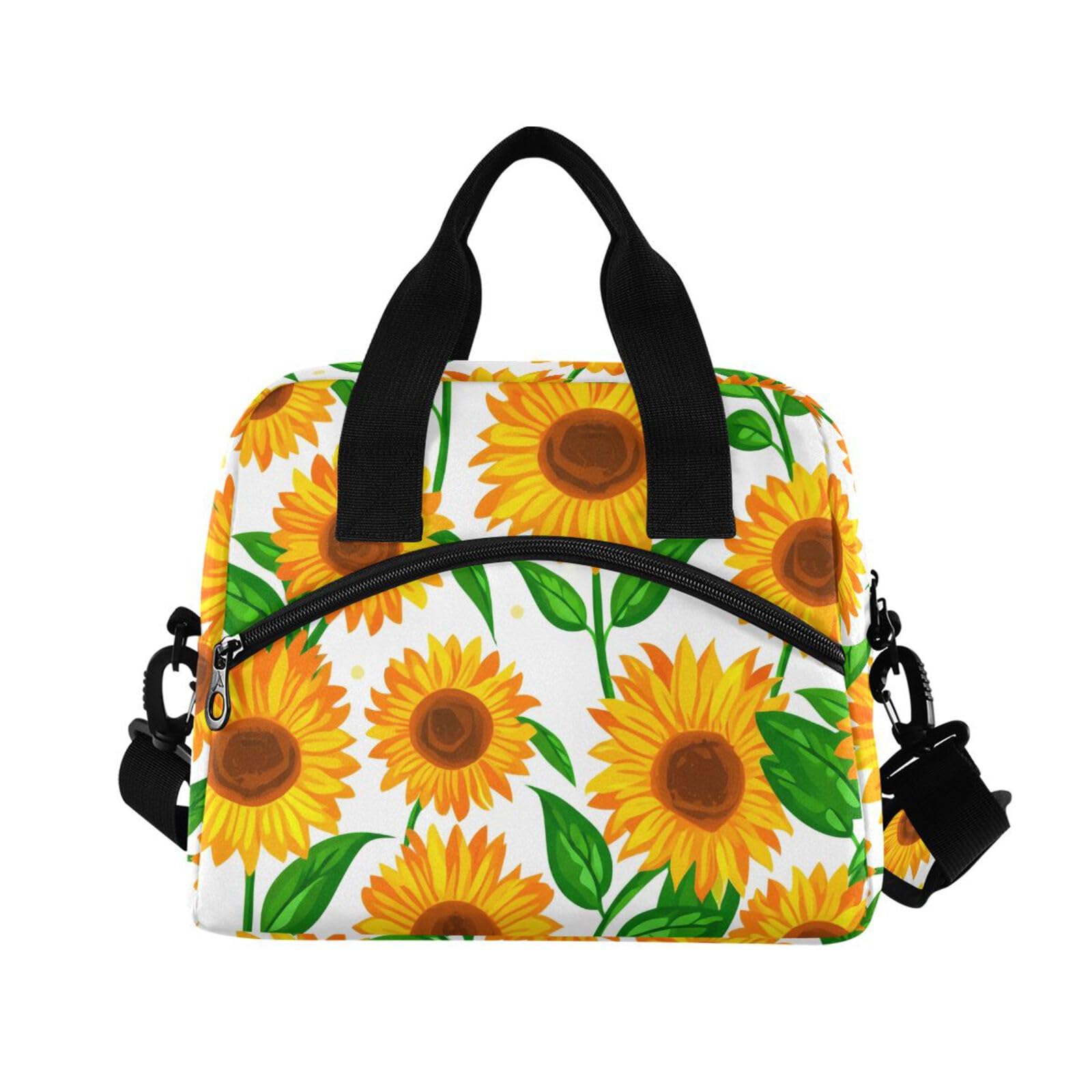 Insulated Lunch Bag Reusable Cooler Sunflower Leaves Floral White Lunch Box Adjustable Shoulder Strap for Adults Men Women