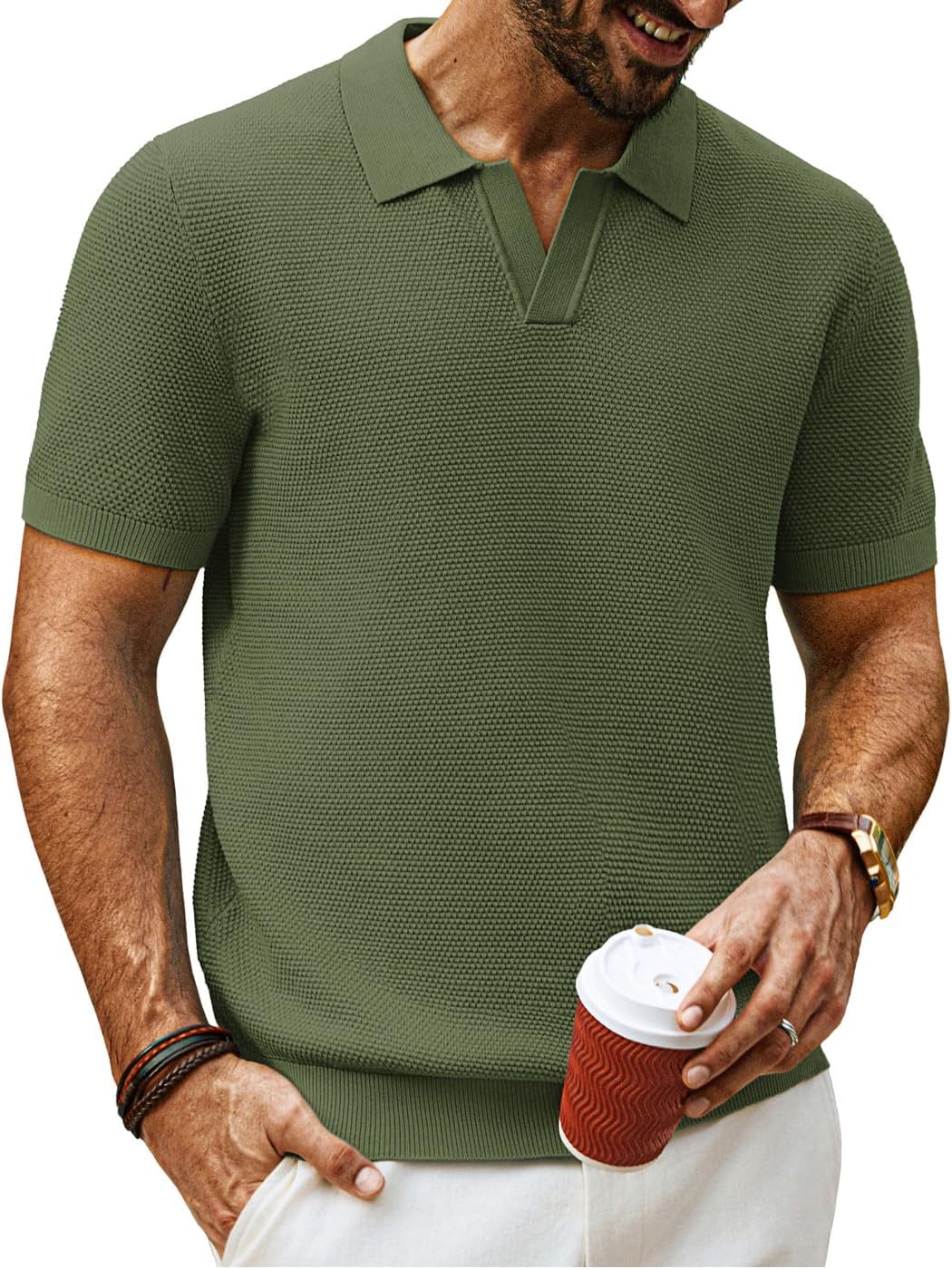 PJ PAUL JONES Mens Polo Shirts Short Sleeve Textured Knit V Neck Shirt Casual Golf Shirts Stylish Old Money Tops