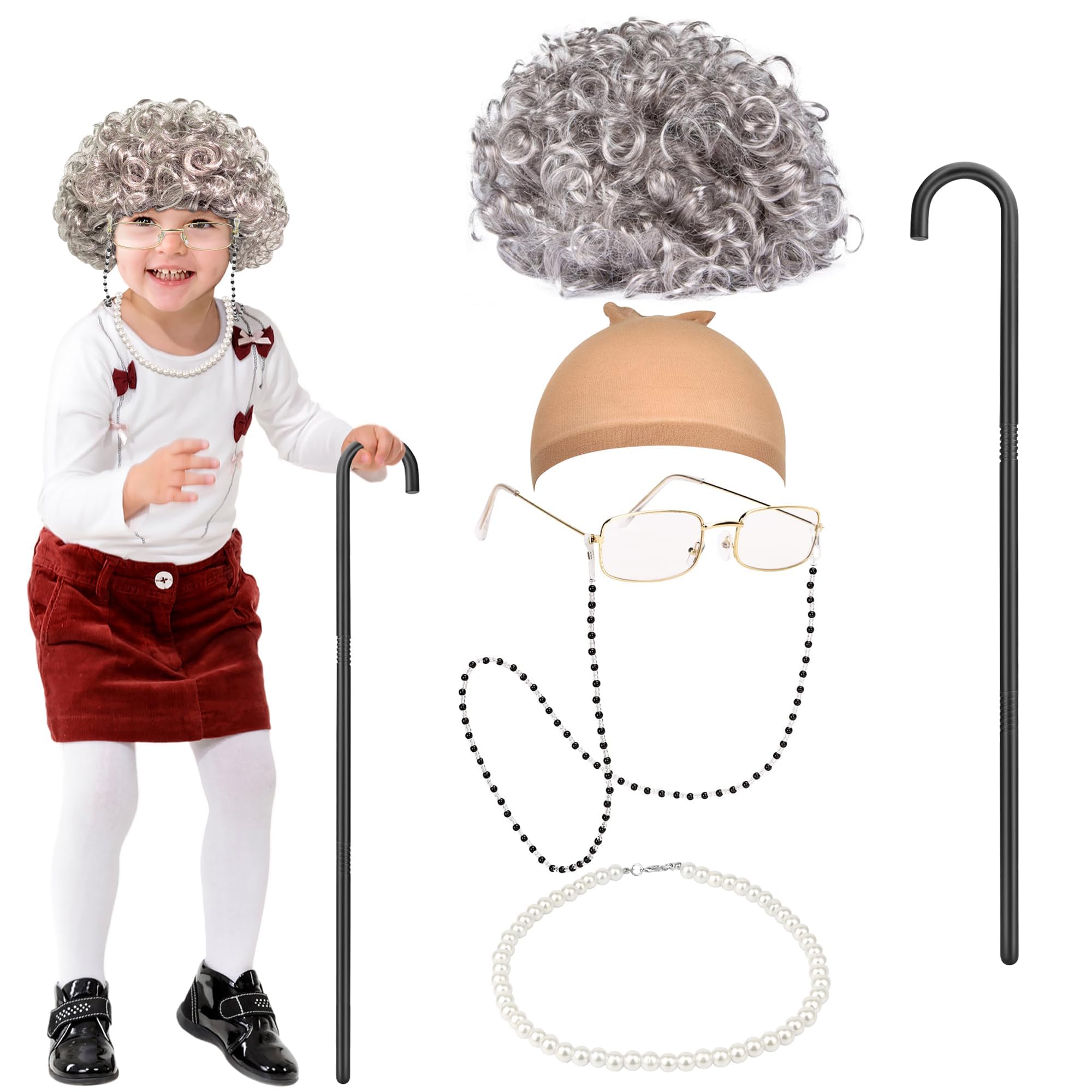 Orgoue Old Lady Wig Costume Set, Granny Costume Wig with Glasses Chain and Pearl Necklace Women for 100 Days of School