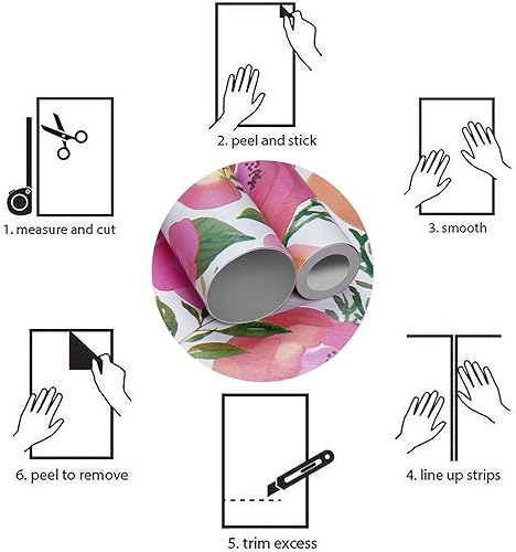 Miniatura 7 de WENMER Papel tapiz floral rosa para despegar y pegar de 17.7 x 78.7 pulgadas, acuarela decorativa de flores rosas durazno, extraíble, para tocador,