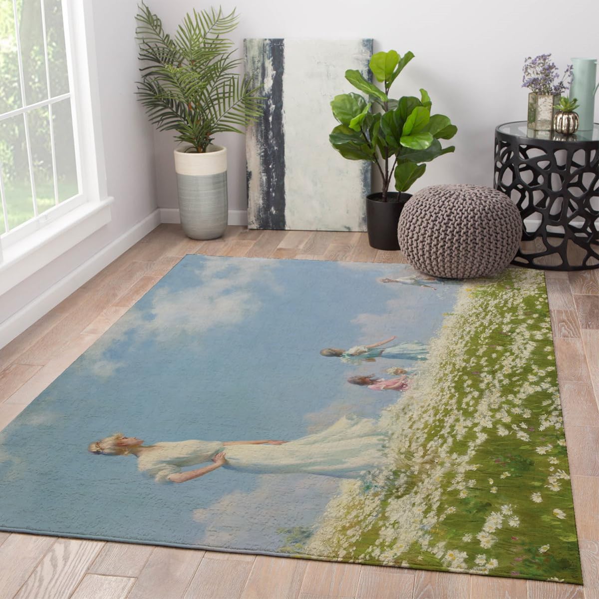 Tapis 180x270cm de jardin fleurs sauvages carpette antidérapante lavable espaces familiaux