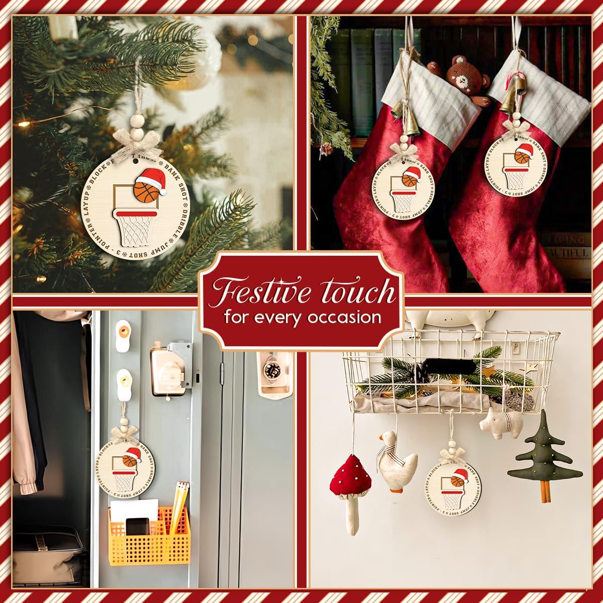 Basketball Xmas Ornament, 2 Layer Wood - Sports Ornament for Christmas Tree - Santa Basketball Gift for Boys, Girls, Players, Leaders, Coaches & Basketball Lovers, Holiday Decor - Image 5