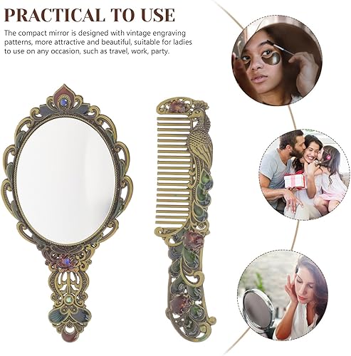 Miniatura 5 de Beaupretty Juego de peine de espejo antiguo, 1 juego de espejo de maquillaje de mano de metal vintage con un peine en relieve, pavo real a mano,