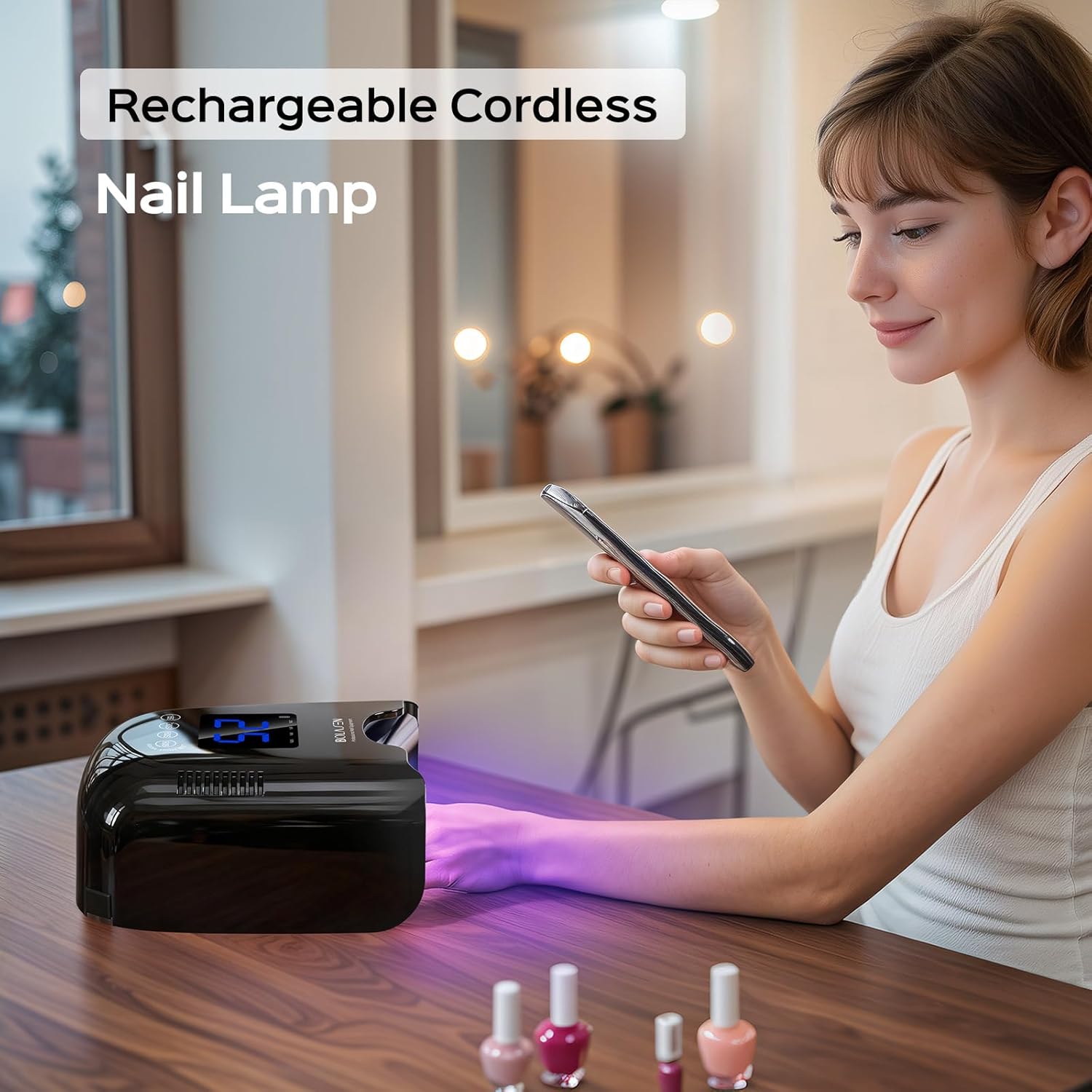 bolasen cordless rechargeable uv nail lamp - uv light for gel nails with metallic reflector & metal base, 54w portable wireless led nail dryer, professional fast charger curing lamp for salon, black cordless p30 pro midnight black
