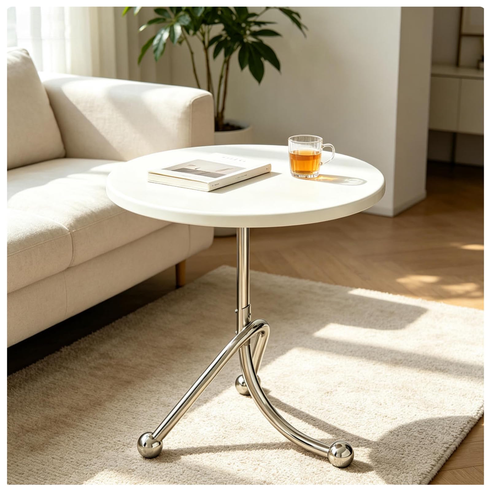 JHAISMAO Modern Round Side Table, Chrome Curved Legs, Cream White(Size:40x40x51cm,Color:A)