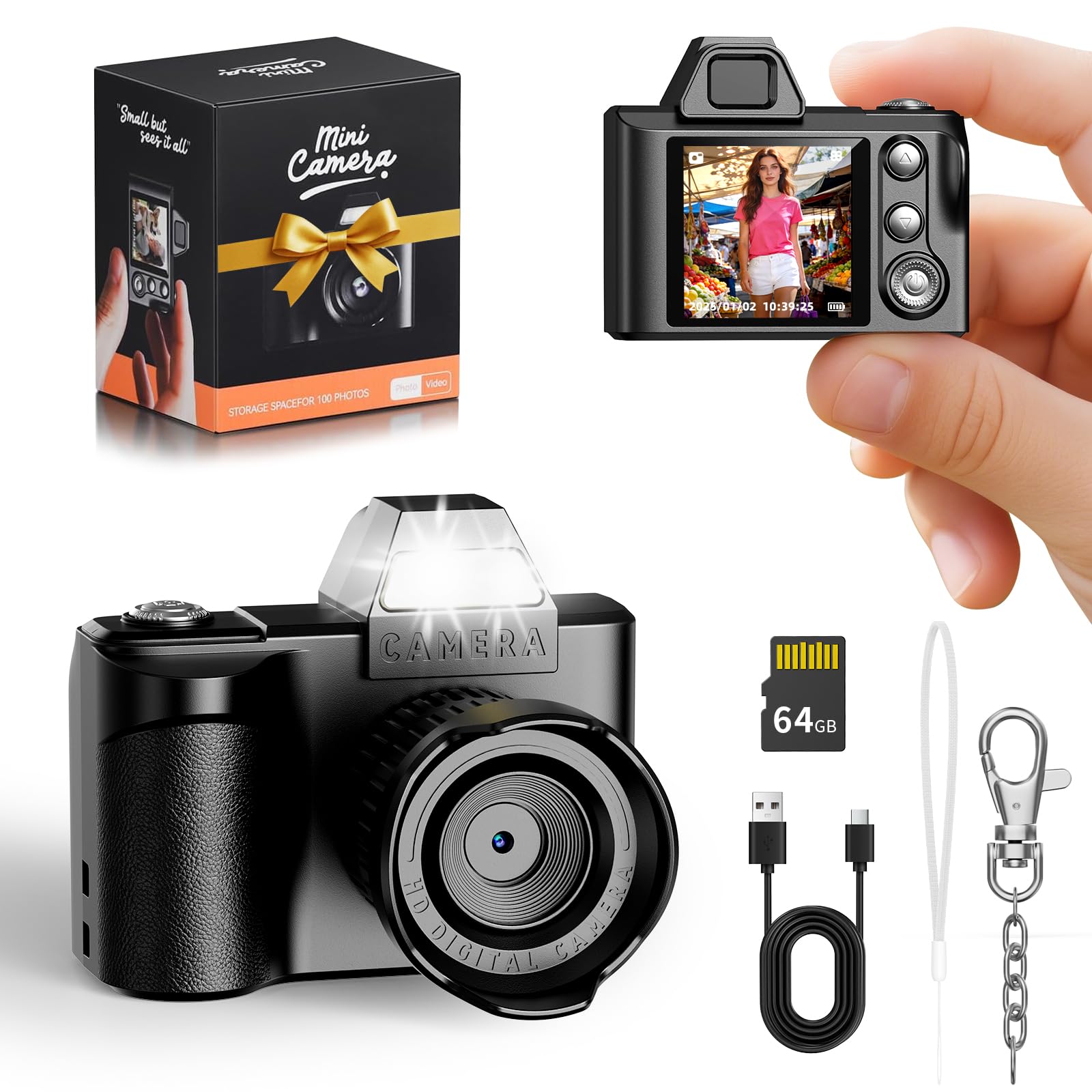 Mini Keychain Camera -Maxmango 1080P HD Video Tiny Retro Digital Camera with 64GB SD Card, 1.3’’ HD Screen Portable Small Camera for Travel Study Recording