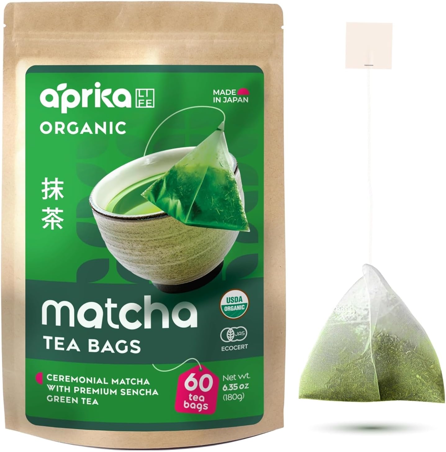 AprikaLife Organic Japanese Matcha Sencha Green Tea Bags, 60 Tea Pyramids
