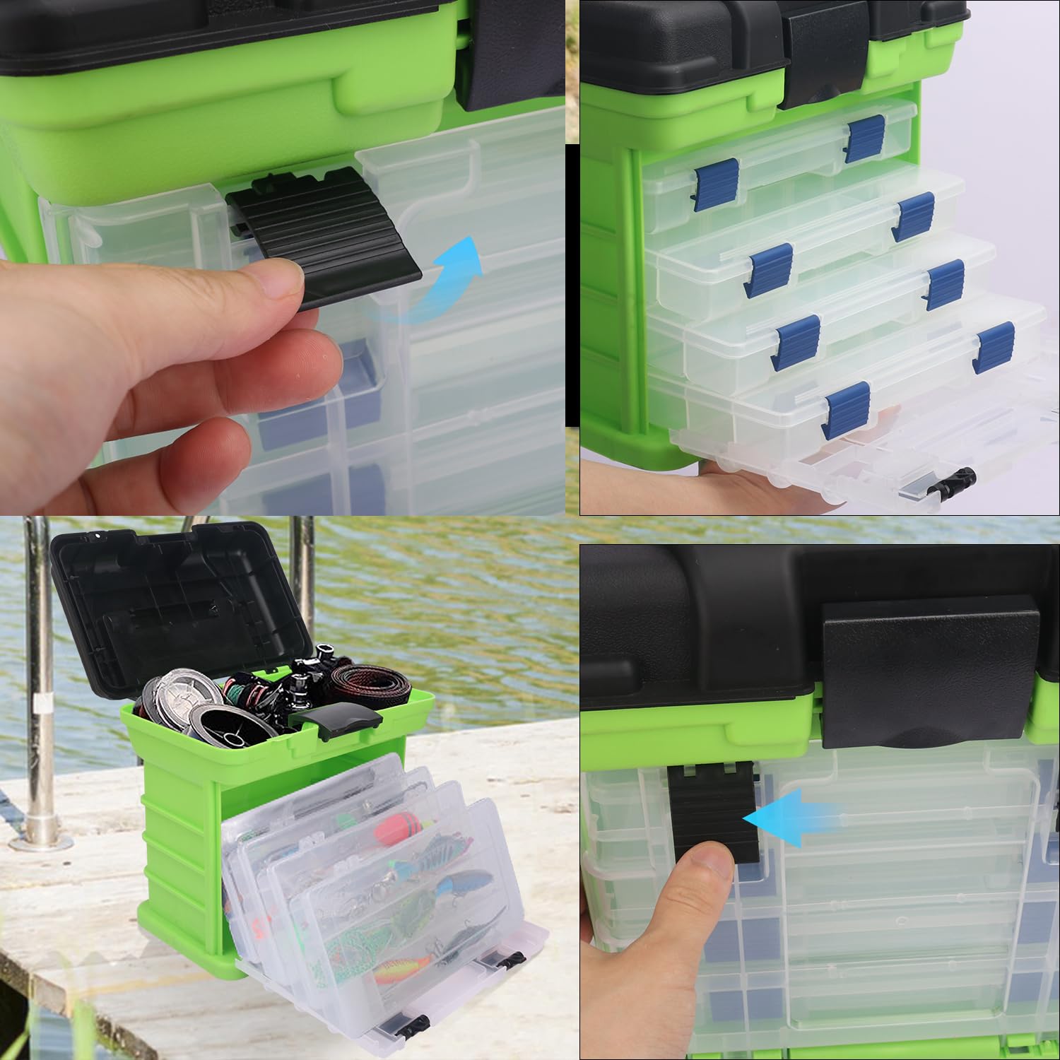 Caja de aparejos de pesca, caja de pesca de 4 capas, cajas de aparejos, almacenamiento superior de acceso rápido con tapa para equipo de pesca y accesorios, (verde) KUKLIPJIM