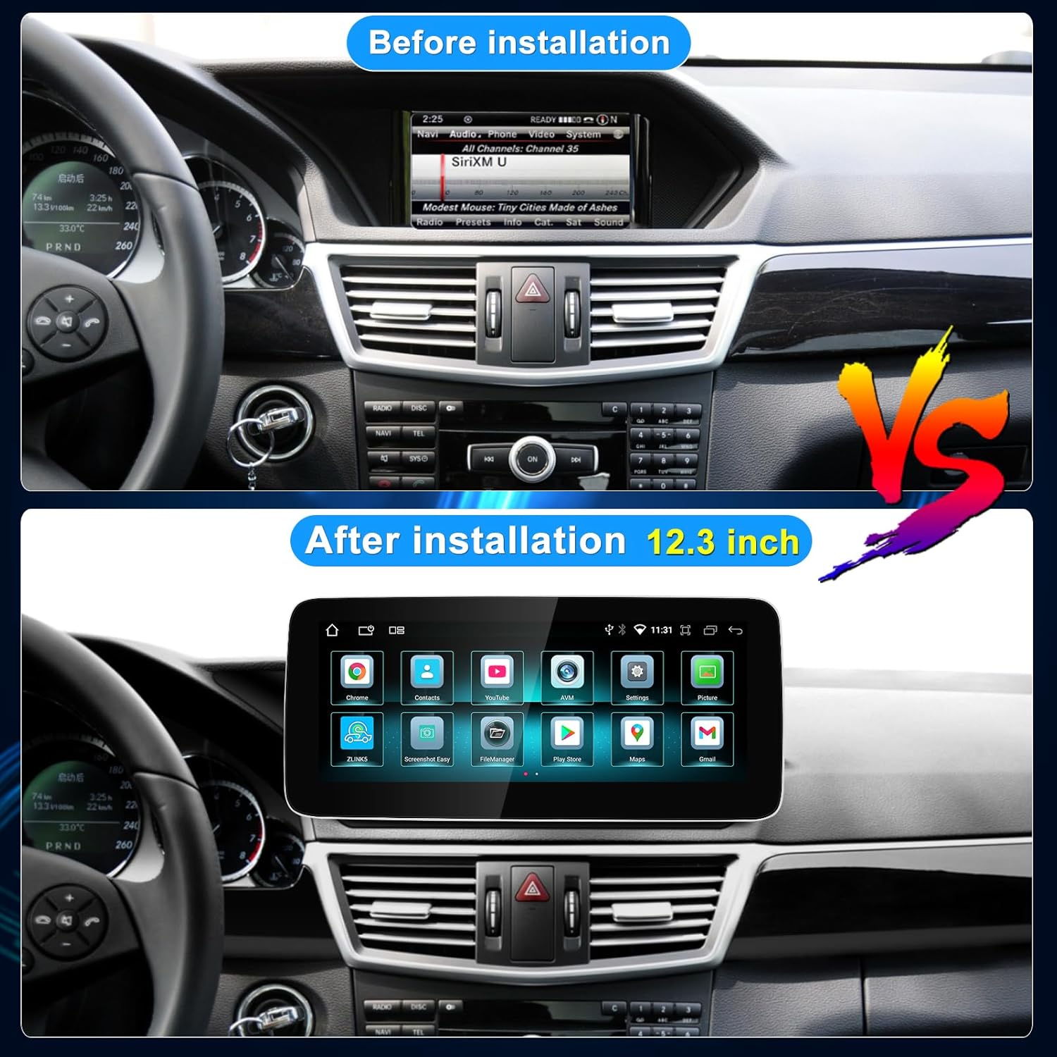 Comparison image showing a Mercedes Benz dashboard with the original smaller screen (Before installation) and the same dashboard with the new larger 12.3 inch CarPlay screen installed (After installation).