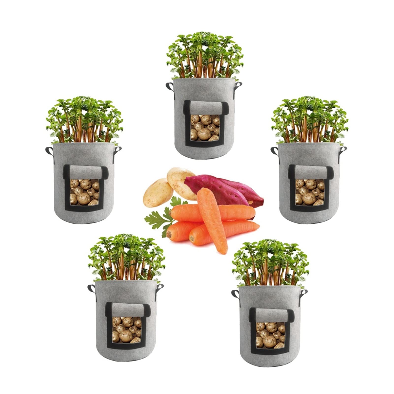 Bolsas de Cultivo de Patatas, 5 Piezas, Resistentes, Reutilizables, multifunción, for macetas de jardín, con Asas y Ventana de Cosecha for Tomate, Fresa y Verduras (Color : Gris, Tamaño : 10 Gallon
