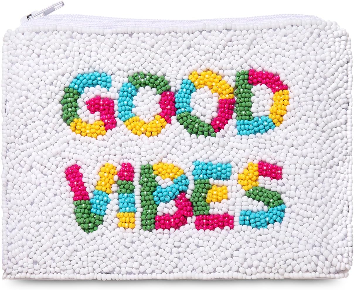 Beaded Coin Purse Pouch Summer Sunshine Watermelon Fruit Coin Purse Handmade Small Change Purse Wallet with Zippers Summer Beach Accessories Gifts (GOOD VIBES)