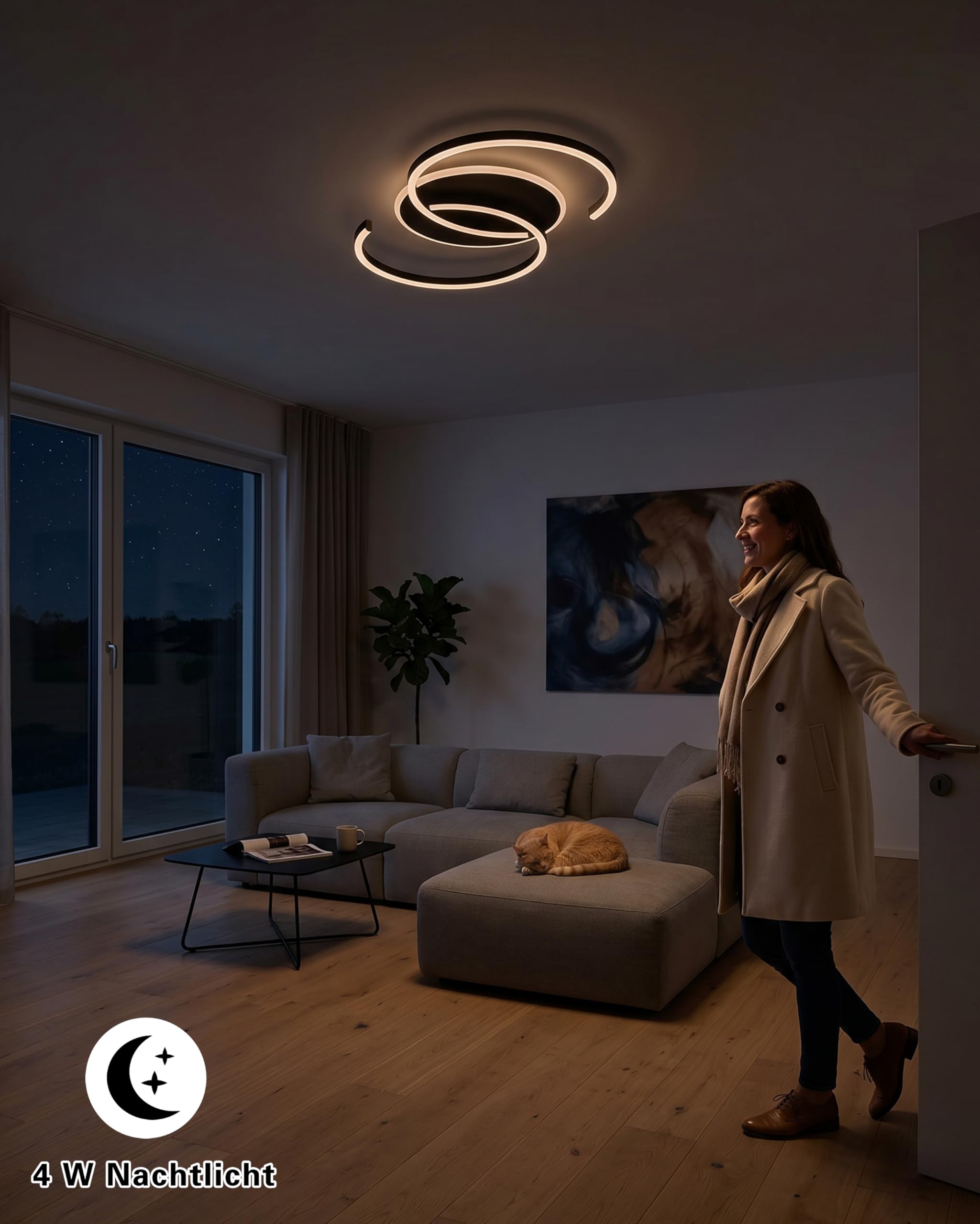 LED Deckenleuchte Dimmbar schwarz „S“ Typ, 60cm 40W Farbtemperatur 3000-6000K, Helligkeit 4-40W, Mit Fernbedienung/Mobile APP, Für Wohnzimmer, Groß Schlafzimmer, Mit Memory-Funktion, 4W Nachtlicht