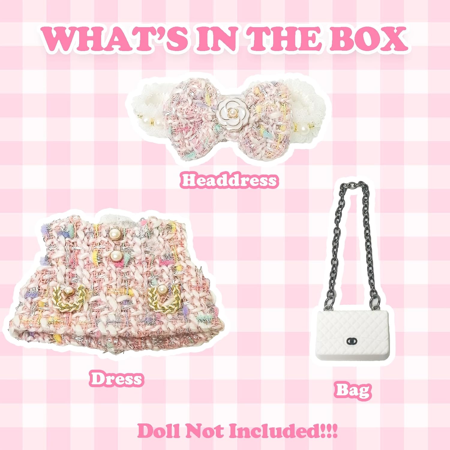 Clothes Compatible with Labubu Doll,Labubu Outfit Set - Pink Dress + Bow Headband + White Shoulder Bag for Labubu Dolls, Stylish Accessories for 17cm Labubu Doll, No Doll(Pink Camellia Dream)