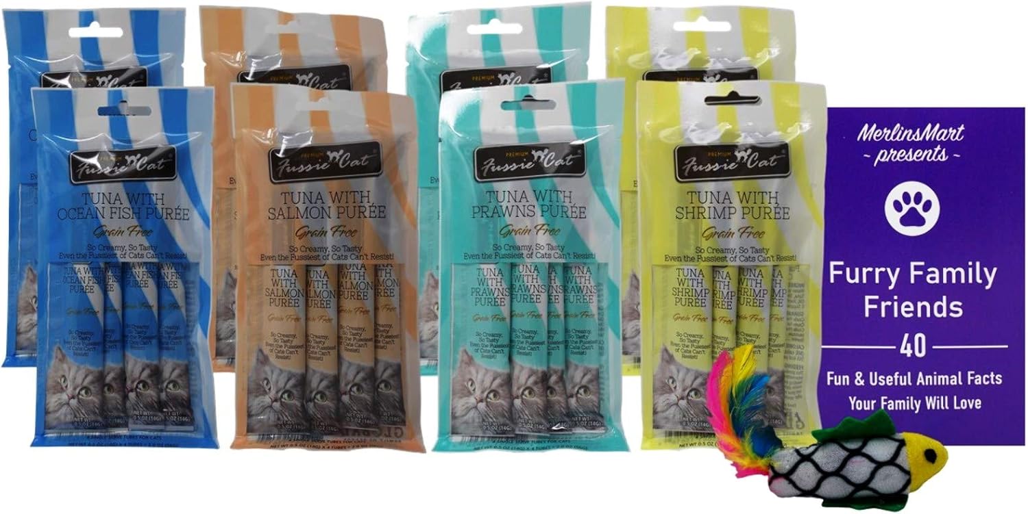 Fussie Cat Premium Tuna Puree Complement Topper Treat 4 Flavor Variety - (2) Each: Salmon, Shrimp, Prawns, Ocean Fish (2 Ounces) - Plus Catnip Toy and Fun Animal Facts Booklet Bundle