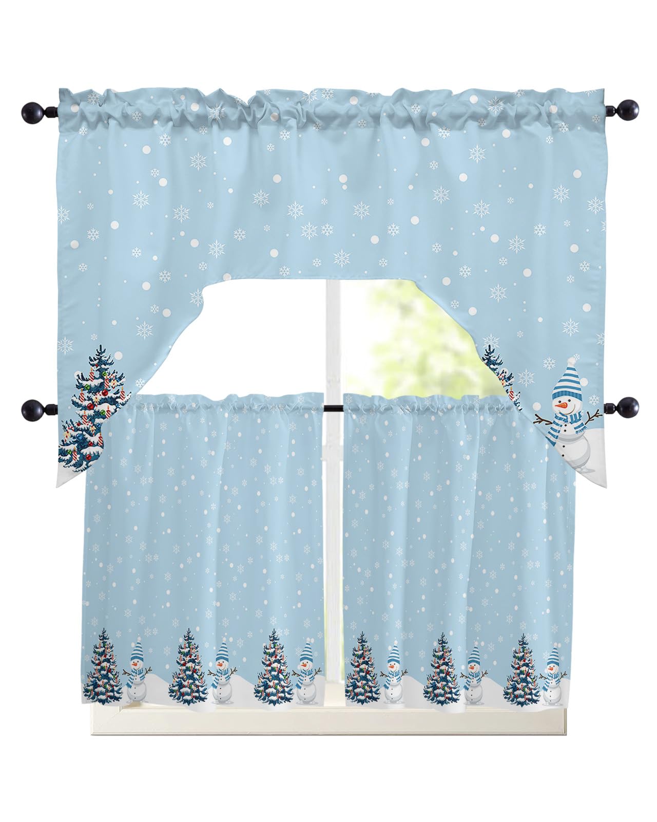 Christmas Snowman Swag Kitchen Curtain Sets with Valance, 3 Pieces Rod Pocket Curtain Drapes for Bedroom Living Room Bathroom Cafe Windows, Winter Snowflake Tree Blue 56''x36'' & 24''x27.5''x2Panels