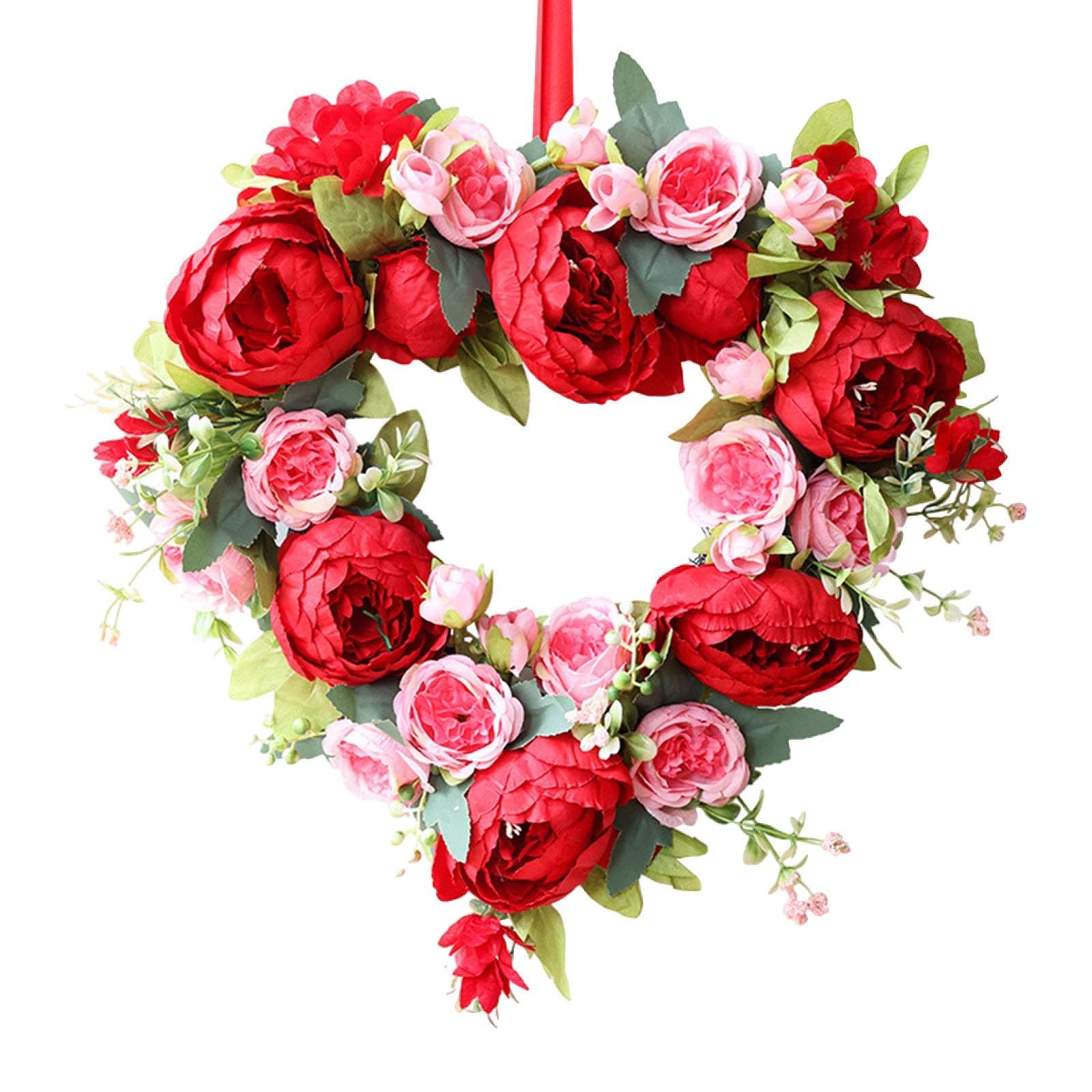 Milageto Ghirlanda decorativa a forma di cuore, ghirlanda rustica, decorazione da appendere, fiori artificiali, romantica per matrimonio, anniversario e festa.
