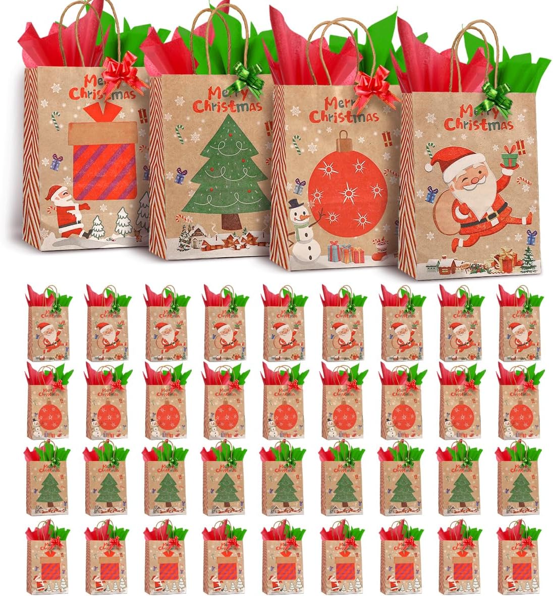 TIMBLESSING 36 Piece 13inch kraft paper gift Bags Bulk Party Gift Bag With 72 Sheets of Wrapping Paper, large size, Gift Bags for All Occasions (Christmas-No.1)