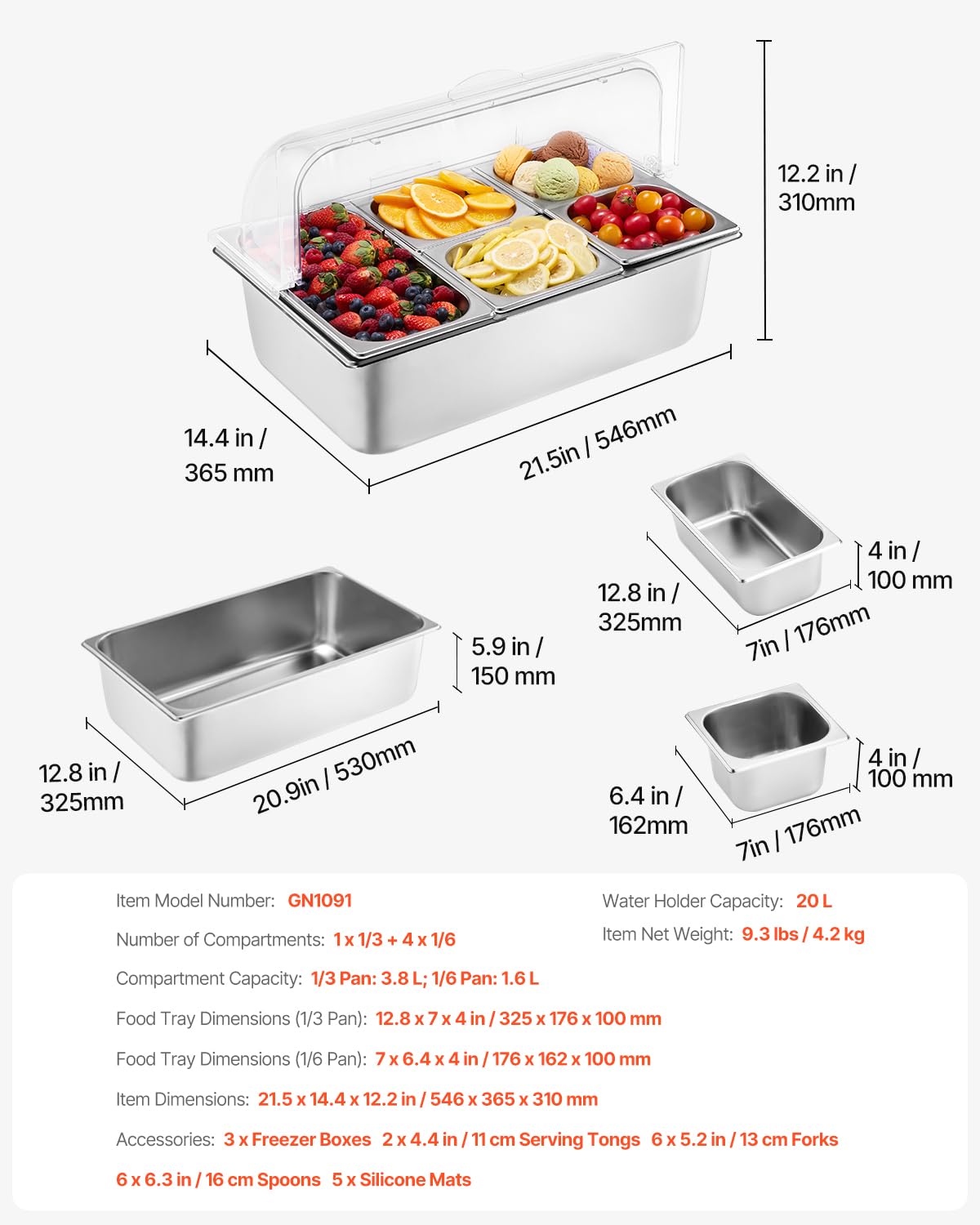VEVOR Saladette Réfrigérée à Poser avec 5 Plateaux de Service en Acier Inoxydable, Vitrine Réfrigérée Comptoir avec Couvercles Transparents et 3 Bacs à Glaçons, pour Restaurant Hôtel Cuisine Fête