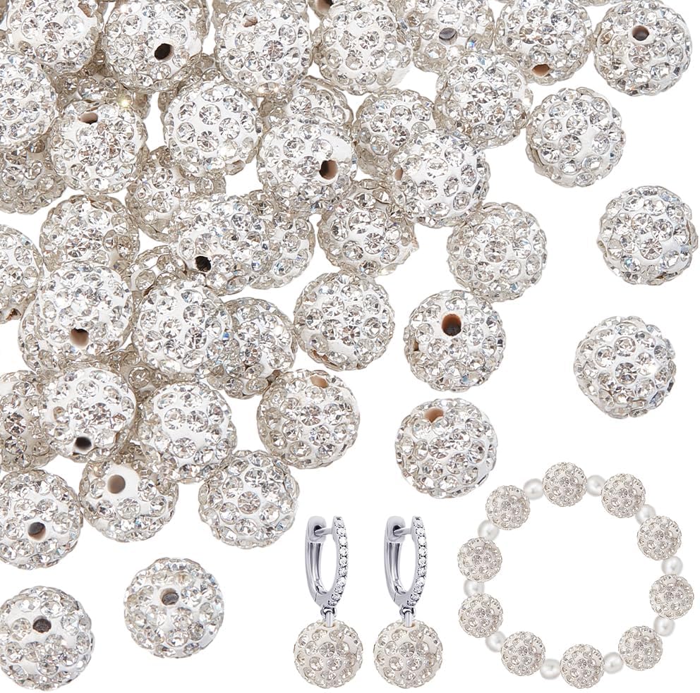 100pcs 10mm White Rhinestone Beads White Clay Beads Polymer Crystal Bead Clay Pave Disco Ball Round Diamond Bead for Necklace Bracelet Jewelry Making Wedding Decoration