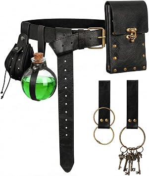 Renaissance Pirate Belt Pouch Accessories Set - Medieval Leather Belt Potion Bottles Skirt Hikes for LARP Halloween Cosplay Black YS