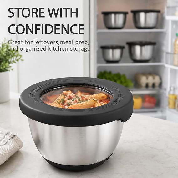 KITEISCAT Stainless Steel Mixing Bowls with Lids Set of 5 Large Nesting Metal Bowls for Kitchen, Baking, Cooking, Food Prep & Storage, Non-Slip Base, Dishwasher Safe,Black