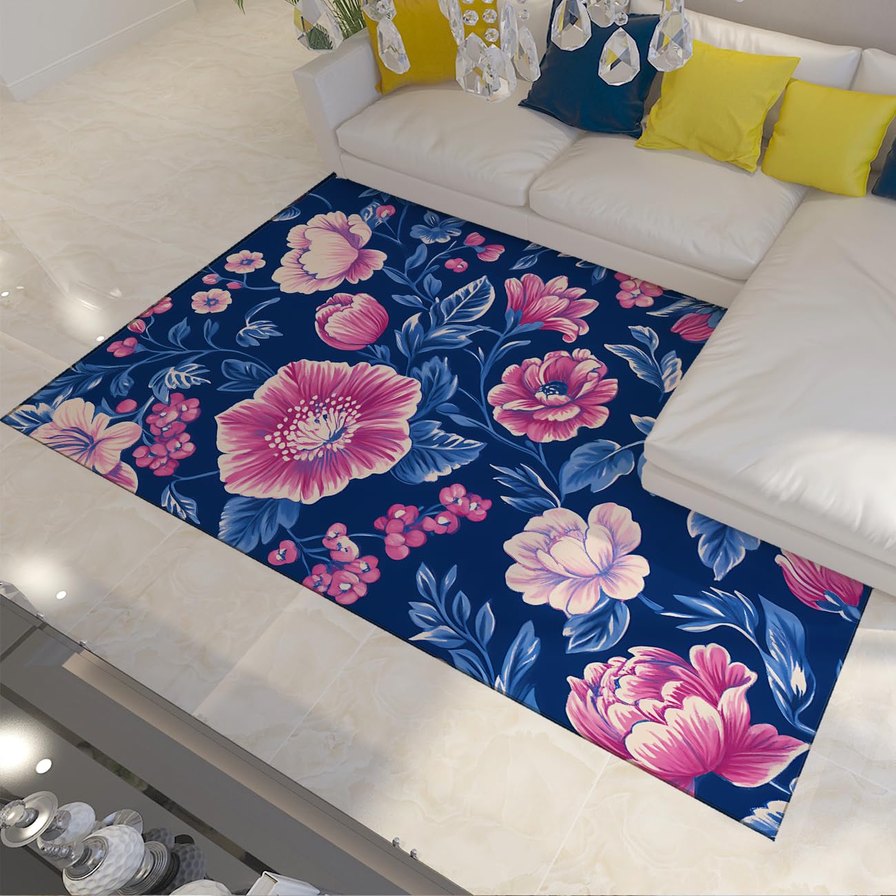 Tapis de salle à manger lavable bleu et violet avec motifs fleurs