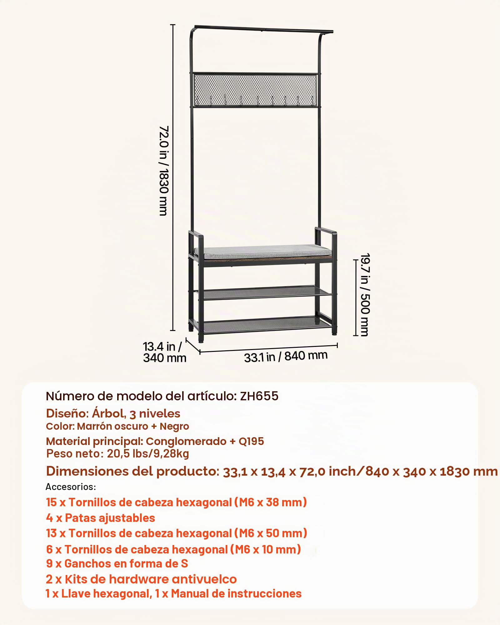 VEVOR Perchero de Pie 183 cm, Organizador de Ropa con Ganchos Banco Zapatero Estantes y Barra Superior, Recibidor de Entrada para Bolso Abrigo Calzado, Armario Abierto para Pasillo Dormitorio Salón