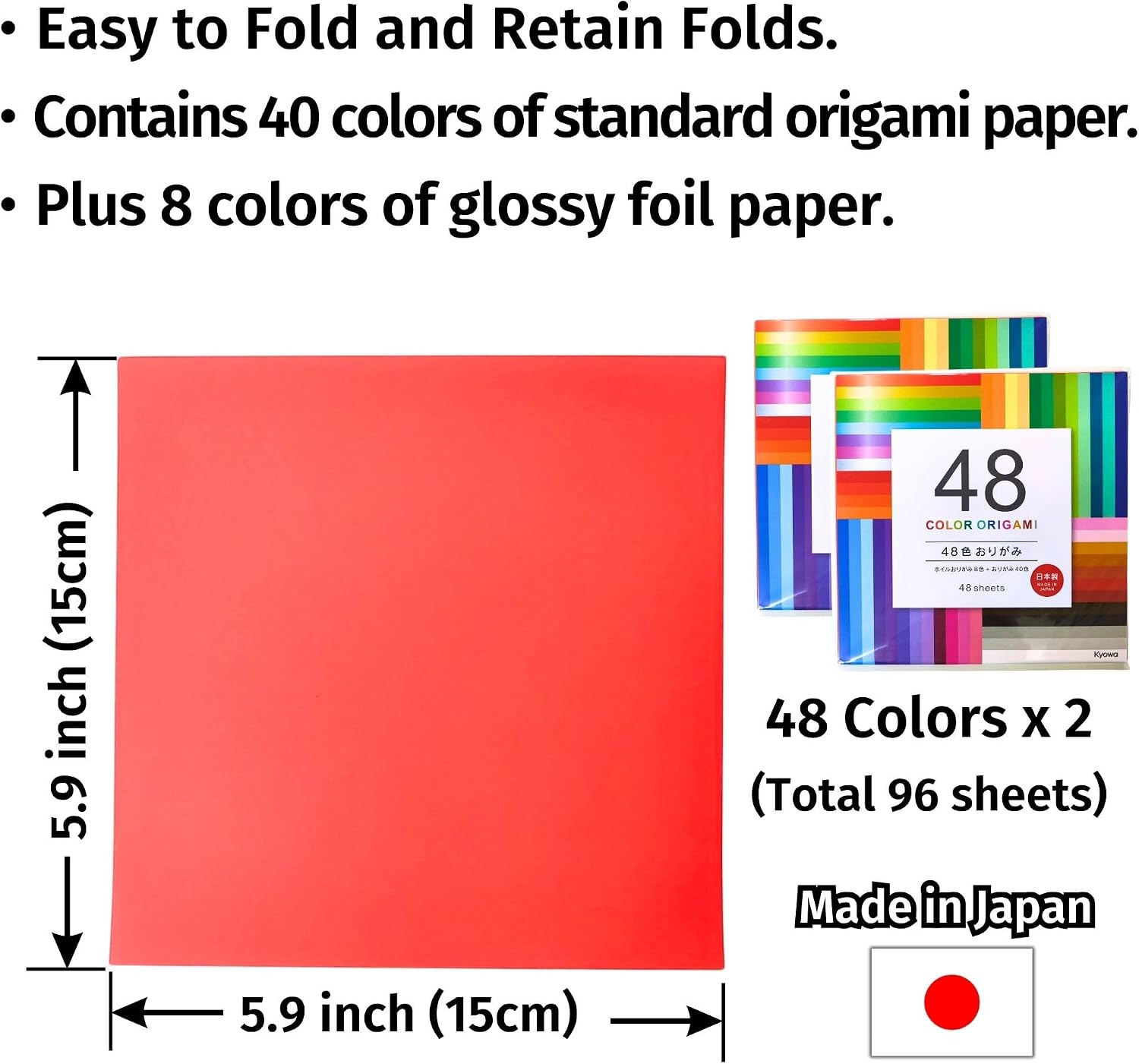 Japanese Origami Paper 6x6 inch Square, 48 Colors (96 Sheets) Made in Japan Includes Metallic Foil Type, One Sided Folding Paper 15cm