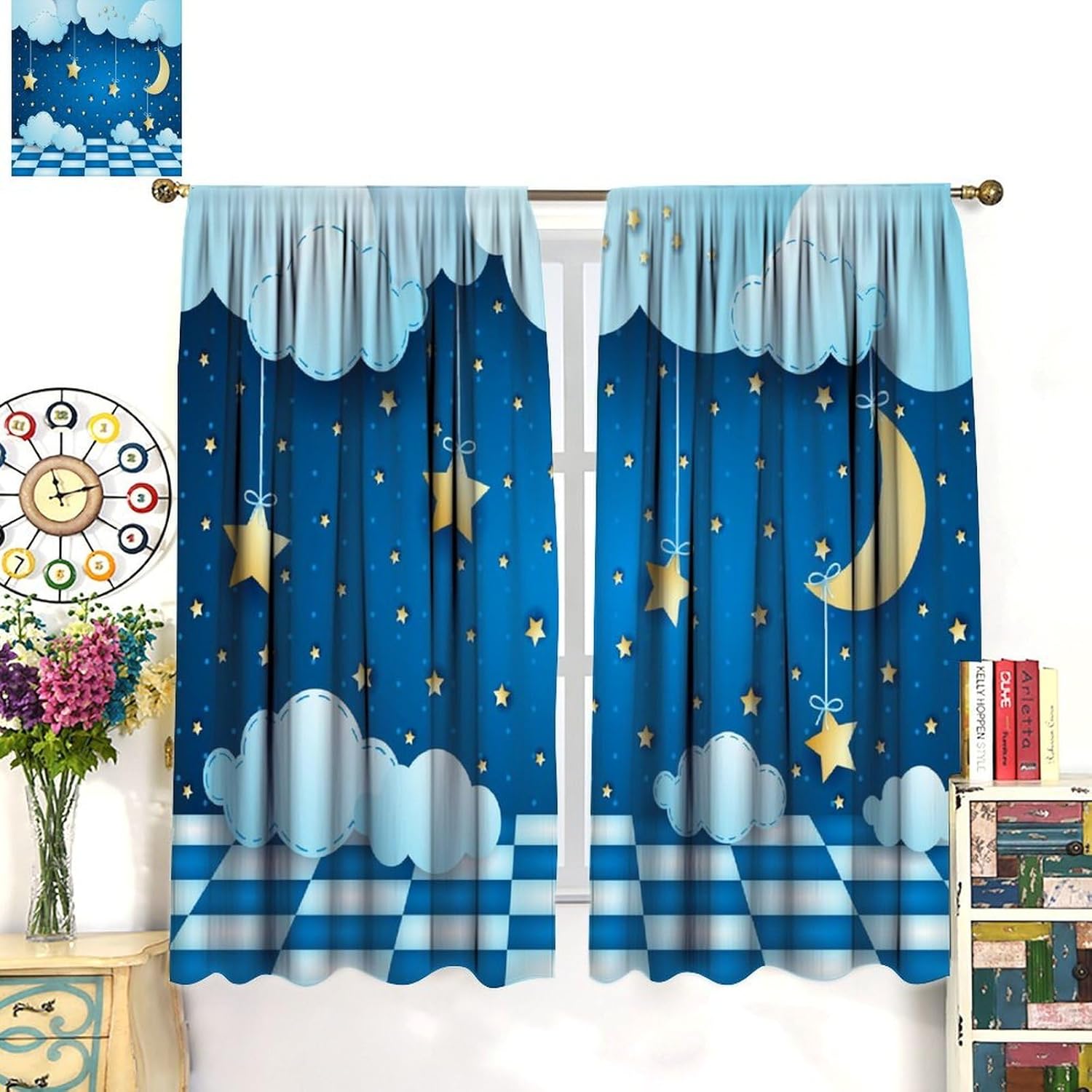 Kids Night Blackout Curtains,Cartoon Cloud Cute Sky Moon Star Pattern Drapes Window 2 Panel Rod Pocket Curtain for Girls Boys Baby Bedroom Nursery Decor 21" W X 45" L