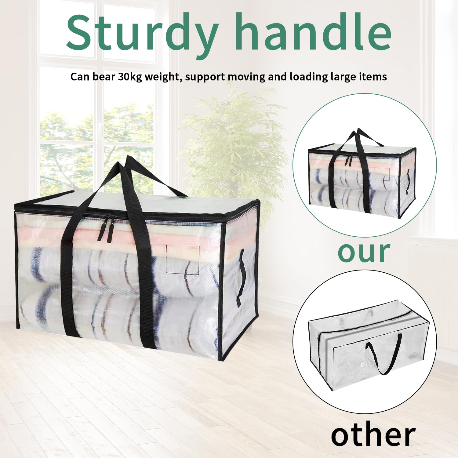 Lot de 2 90L Grands Sac de Rangement avec Couvercle et Poignées Renforcées, Sac Rangement Vetement, Cartons Déménagement Résistant pour Rangement des Vêtements et voyages, Sac à Linge