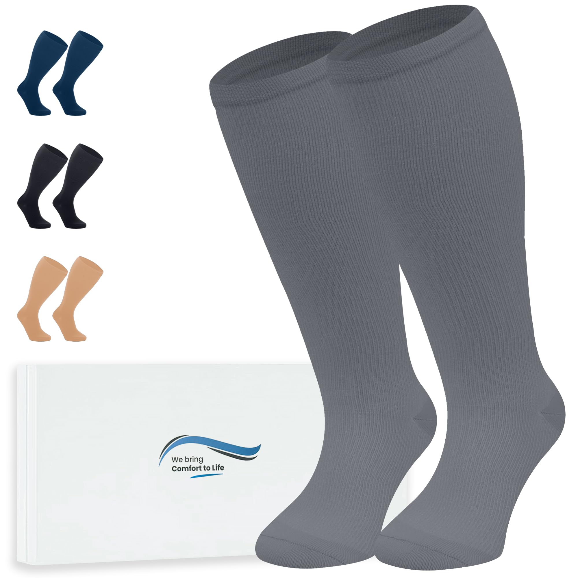 360 Relief Calze Compressione Graduata Donna e Uomo - Taglie forti 1 Coppia Solido Colore Gambaletti Compressione per Sports, Running, Viaggio, Ciclismo, Lavoro - 4XL Grigio con Borsa Lavanderia