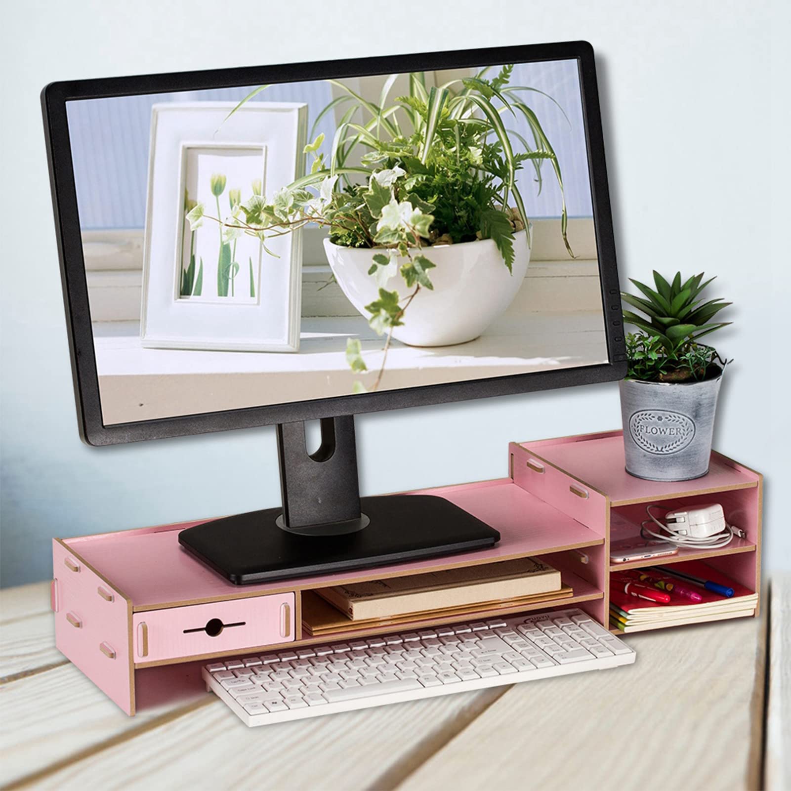 Podstawka pod monitor Podstawka do laptopa Podpórka do ekranu komputera Premium Drewniana półka na biurko do nowoczesnego domowego biura. Różowe drewno wiśniowe, duże rozmiary (Różowy)