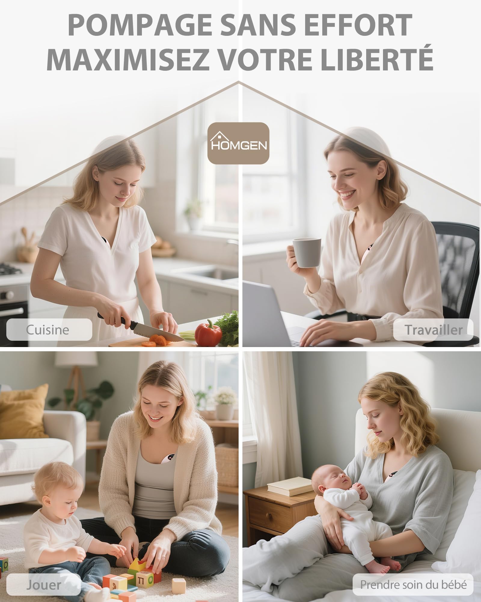 HOMGEN Tire-lait électrique Portable Mains Libres, Extracteur de Lait Maternel Sans Fil avec écran LED, Pompe à Lait Rechargeable 1200mAh avec 4 Modes et 12 Niveaux, Facile à Nettoyer pour les Mamans