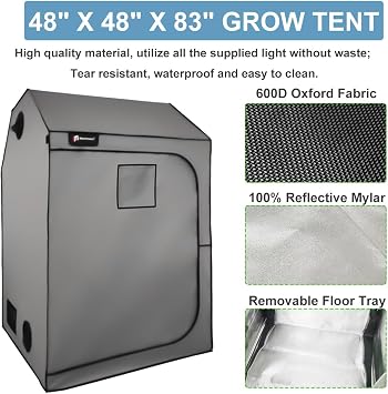 4x4 Grow Tent Kit, Complete High Reflective Mylar Indoor Grow Tent 48x48x83+ LED Grow Light Combo, Hydroponics Indoor Plant Growing Tent System with Carbon Filter (48x48x83-Gray)