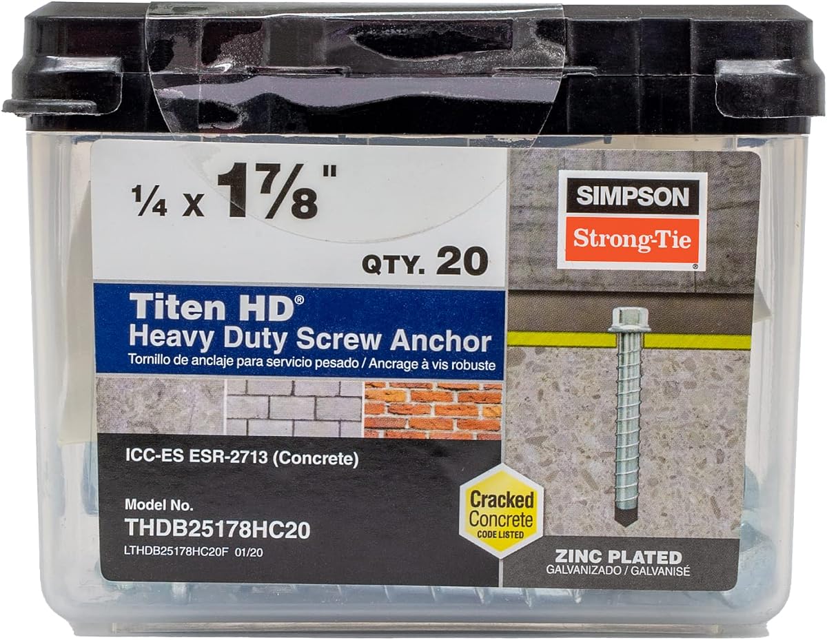 Simpson Strong-Tie THDB25178H 1/4 pulgadas x 1-7/8 pulgadas, cabeza de arandela hexagonal, anclaje de tornillo resistente Titen HD chapado en zinc para hormigón, fácil instalación (paquete de 100)