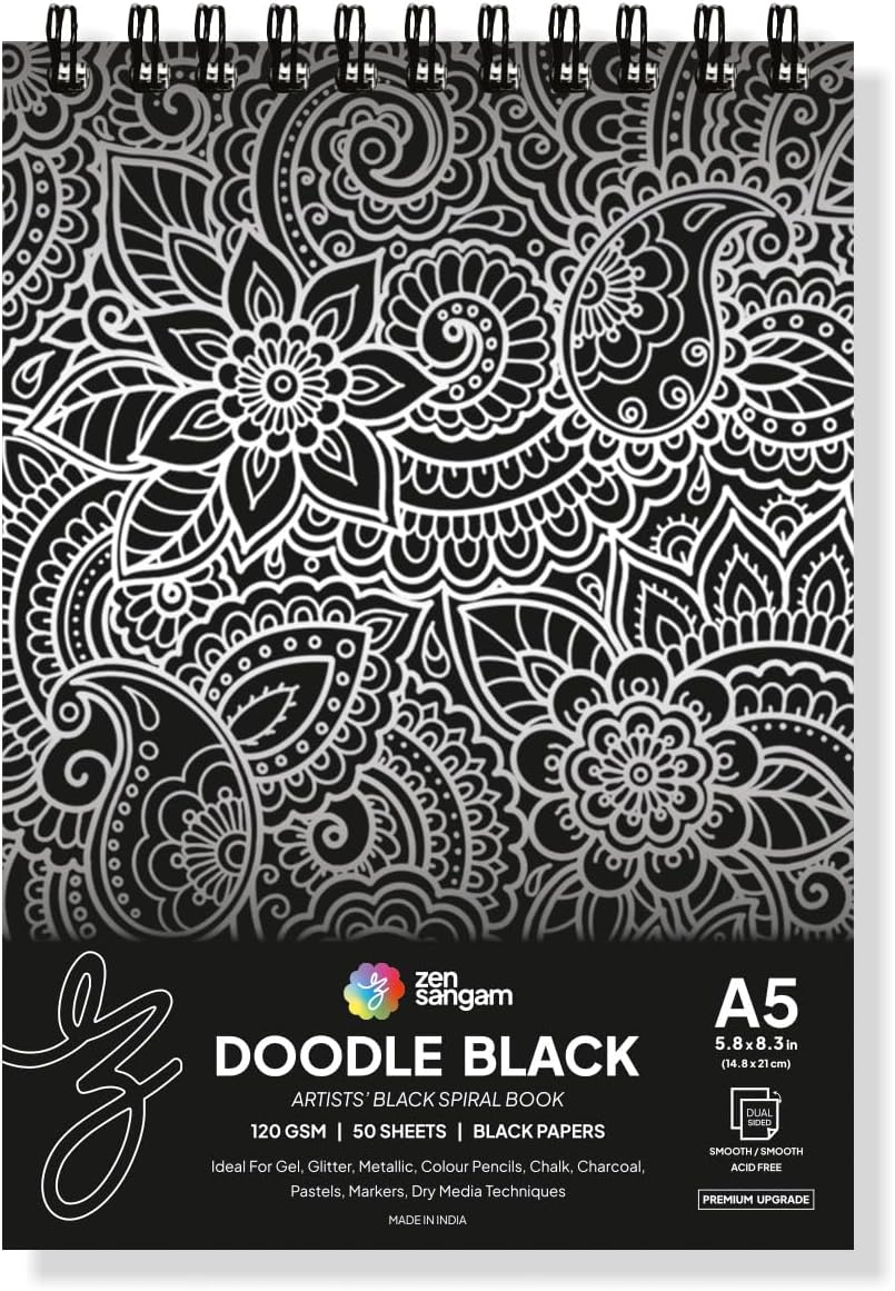 Zen Sangam Artists’ - A5 Spiral 120 GSM Black Paper Sketchbook - Landscape - 120 GSM - Smooth Surface Sketchbook - 50 Sheets (100 Pages) - Size (14.8x21cm) - Doodle Black Sketch Book