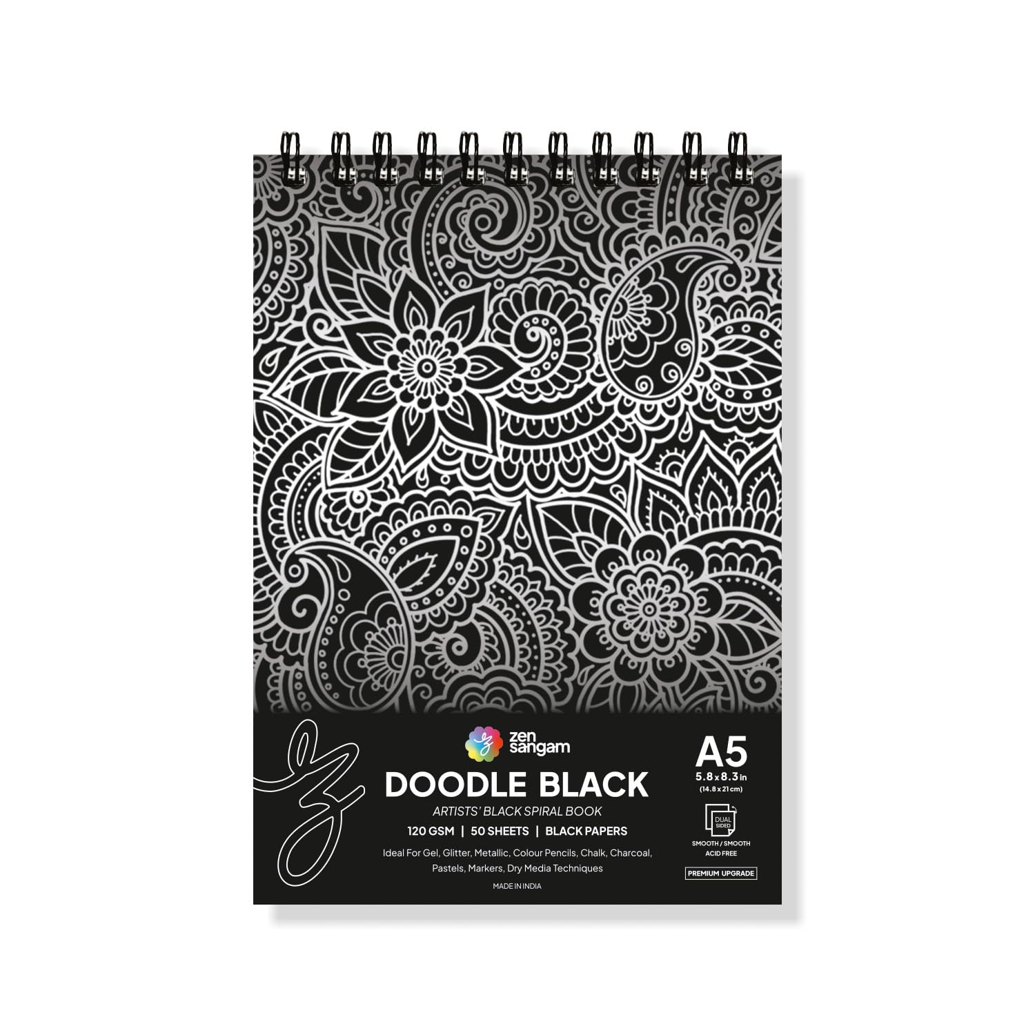 Zen Sangam Express your Mind Doodle Black Paper Sketchbook Drawing Note, A5 (Landscape) - 120GSM - 50 Sheets (100 Pages) - Wiro Spiral Black Paper Sketch Book
