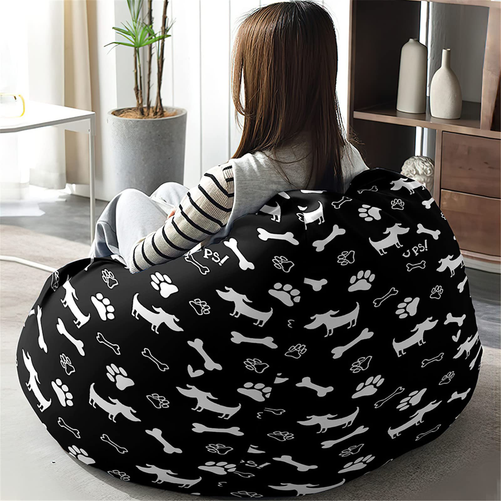 Treer Bean Bag Covers Without Filling, Cartoon Pattern Soft Cotton Linen Beanbag Chair Cover for Kids & Adult, Zipper Bean Bag Chair Sofa Cover - Stuffed Toys Storage (80x90cm,Dog Paw Print)