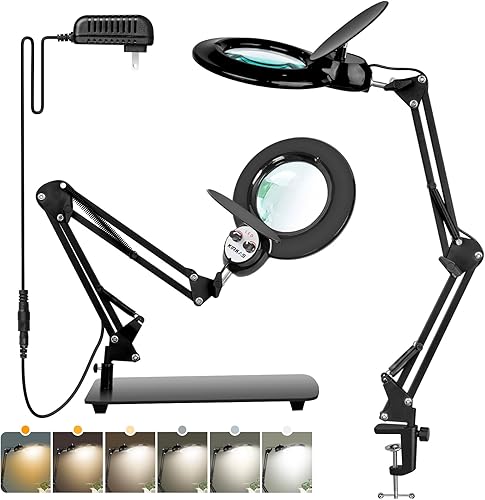 KIRKAS - Lupa 10X con luz y soporte, 2 en 1, cualquier modo de color y lámpara de aumento de atenuación continua con abrazadera, lente de cristal