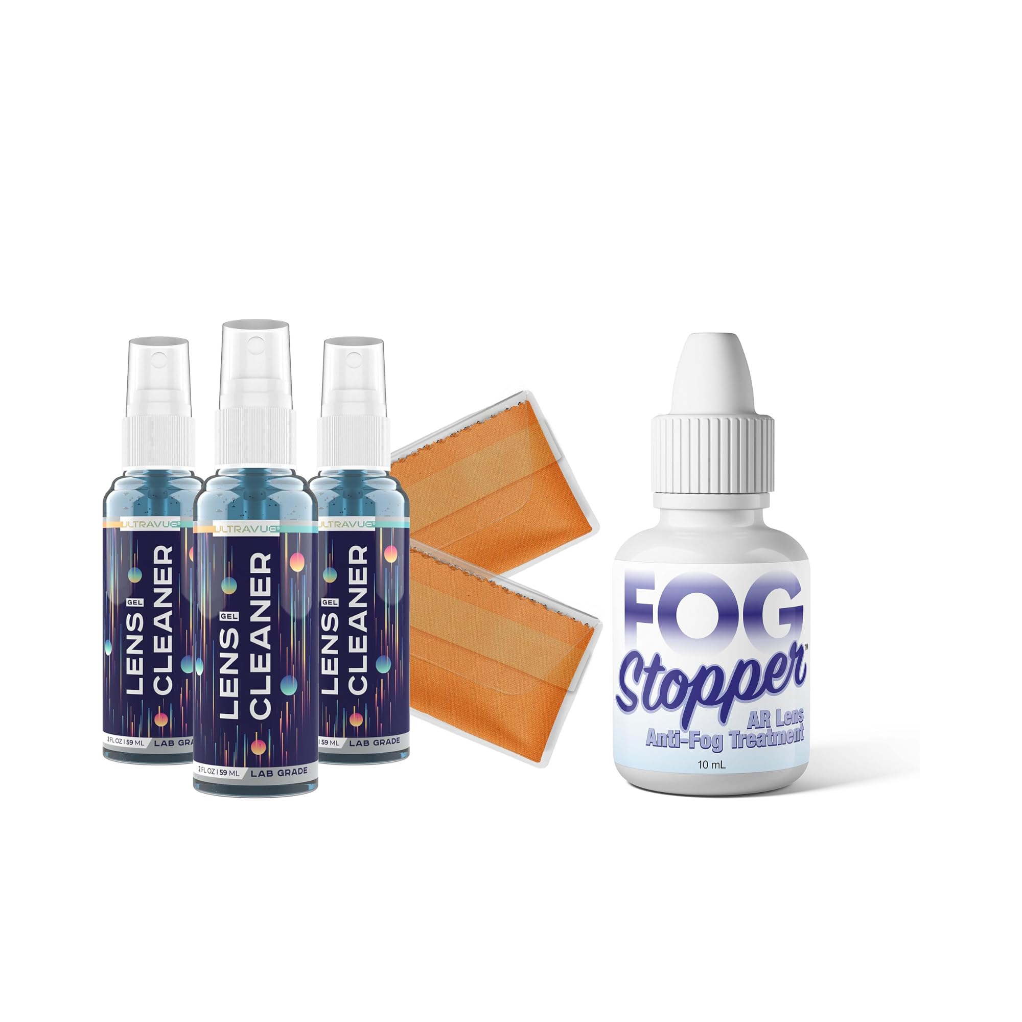 ULTRAVUE Eyeglass Gel Lens Cleaner Spray Kit - 3 x 2oz and ULTRAVUE Fog Stopper Anti-Fog Drops Treatment
