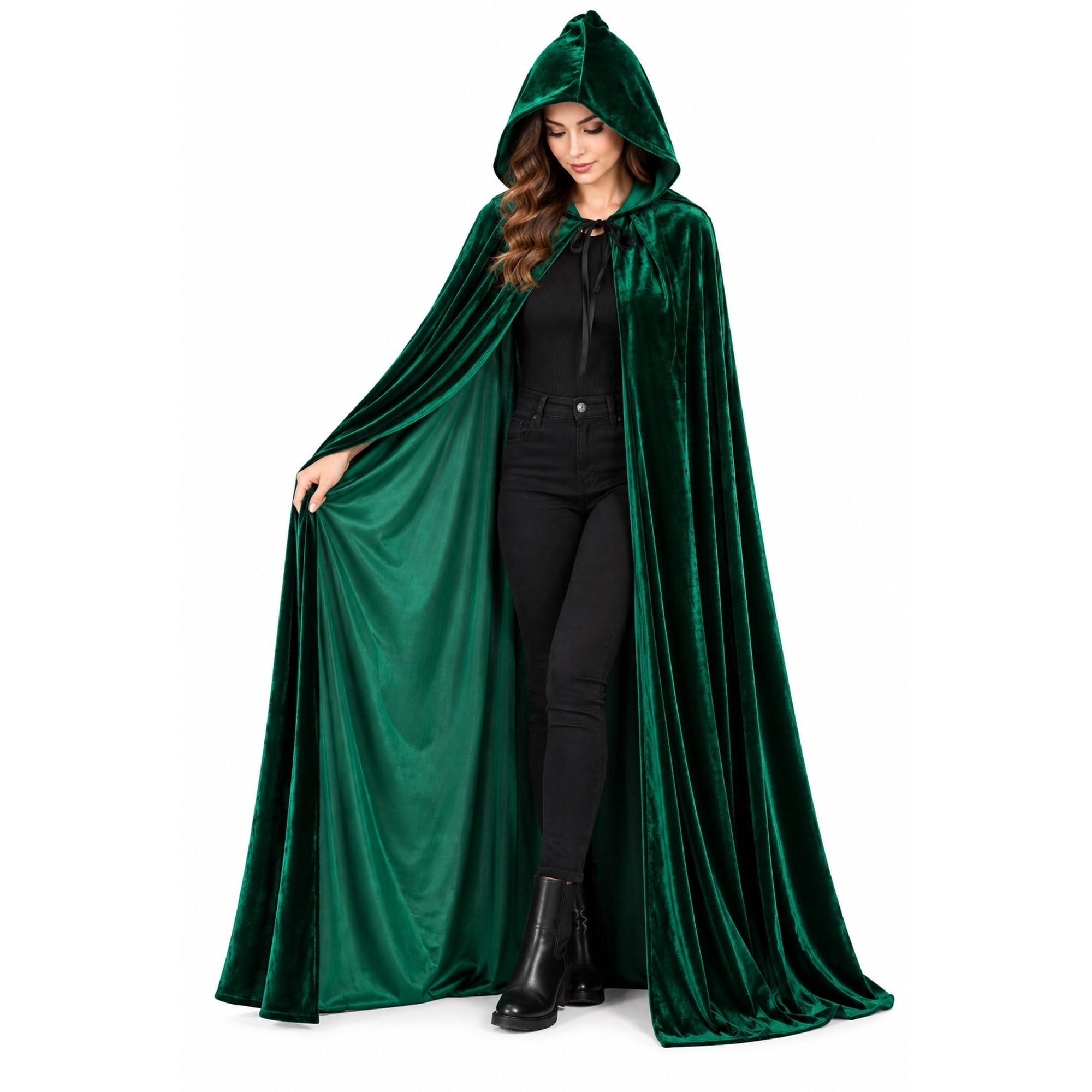 VIROSA Green Hooded Velvet Cape Cloak 150cm Halloween Fancy Dress Costume — image 1