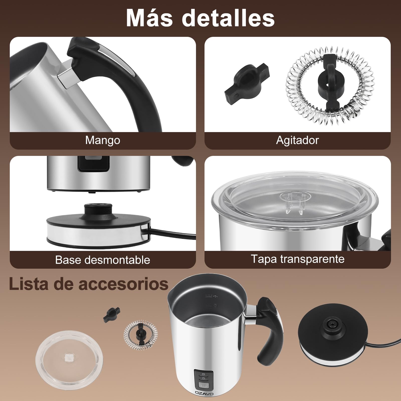 Espumador de Leche Automático Batidor de leche Eléctrico 500W Vaporizador y Calentador Leche 150ML/240ML Hace Espuma en Caliente/Frío, Protección Contra-sobrecalentar- 304 Acero Inoxidable