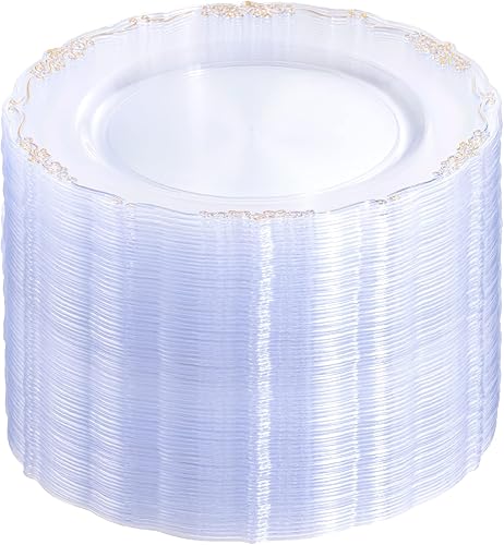 DaYammi 60 platos desechables de plástico dorado transparente de alta resistencia de 10.25 pulgadas con borde dorado, platos desechables de plástico