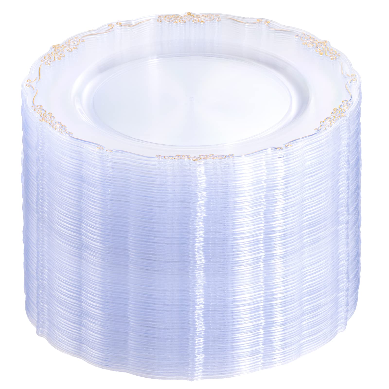 DaYammi 60PCS Clear Gold Plastic Plates Fancy Heavy Duty Clear Disposable Plates Premium 10.25inch Dinner Plates with Gold Rim Hard Plastic Plates