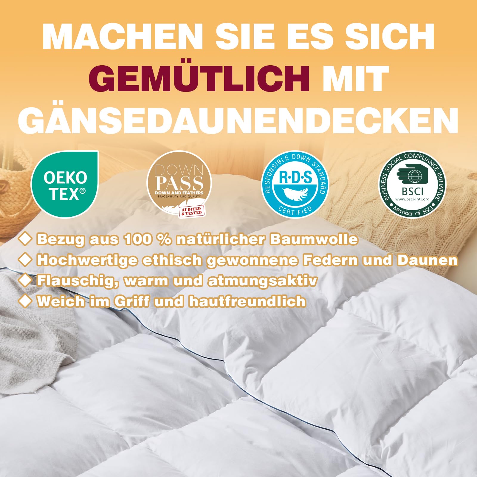 Feder und Daunendecke 155x220cm, Oeko-Tex zertifizierte Bettdecke 155x220, 100% Extraweiche Federn & Daunen, Allergiker, RDS Zertifiziert Federbettdecke, Duvet, Ganzjahresdecke