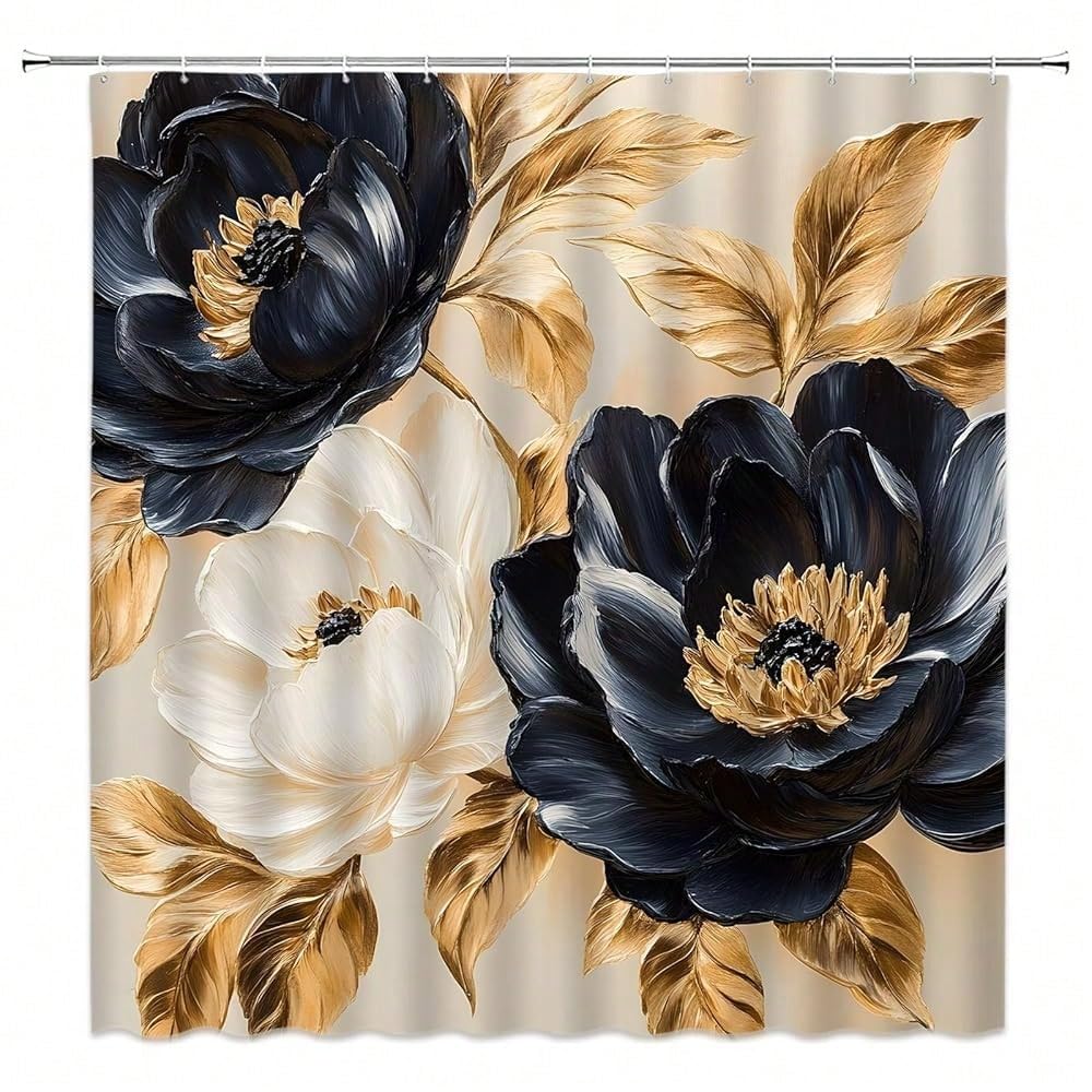 awitufhgp Gold Flower Shower Curtain, Vintage Floral Rose Modern Abstract Art Elegant Farmhouse Fabric Bathroom Curtain With Hooks(183x198cm/72x78in(WxH))