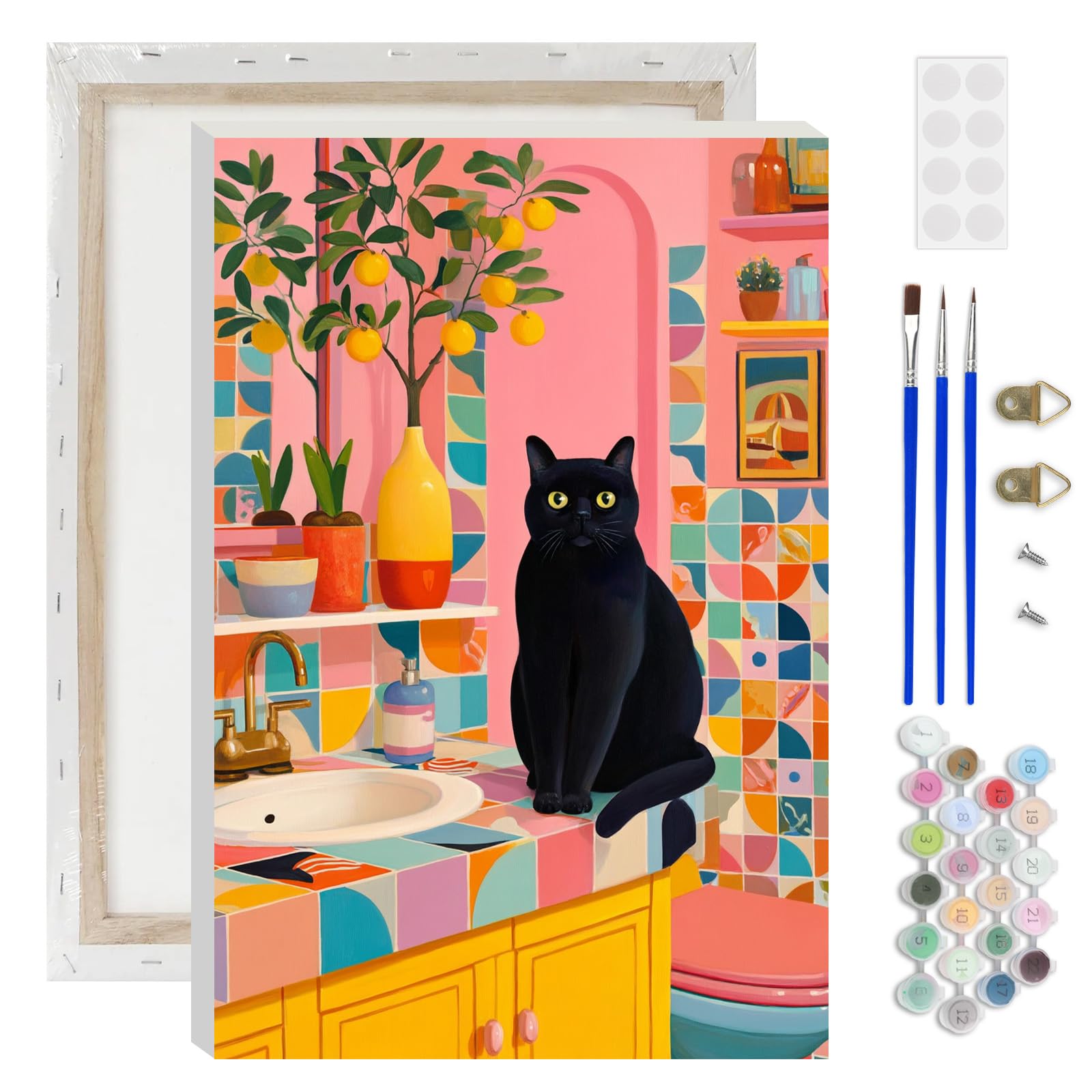 AIRDEA Black Cat Paint by Numbers for Adults, Colorful Bathroom Painting by Numbers for Adults, DIY Acrylic Pigment Drawing Paintwork Arts and Crafts Painting Kit for Home Decor 8x12 inch (Framed)