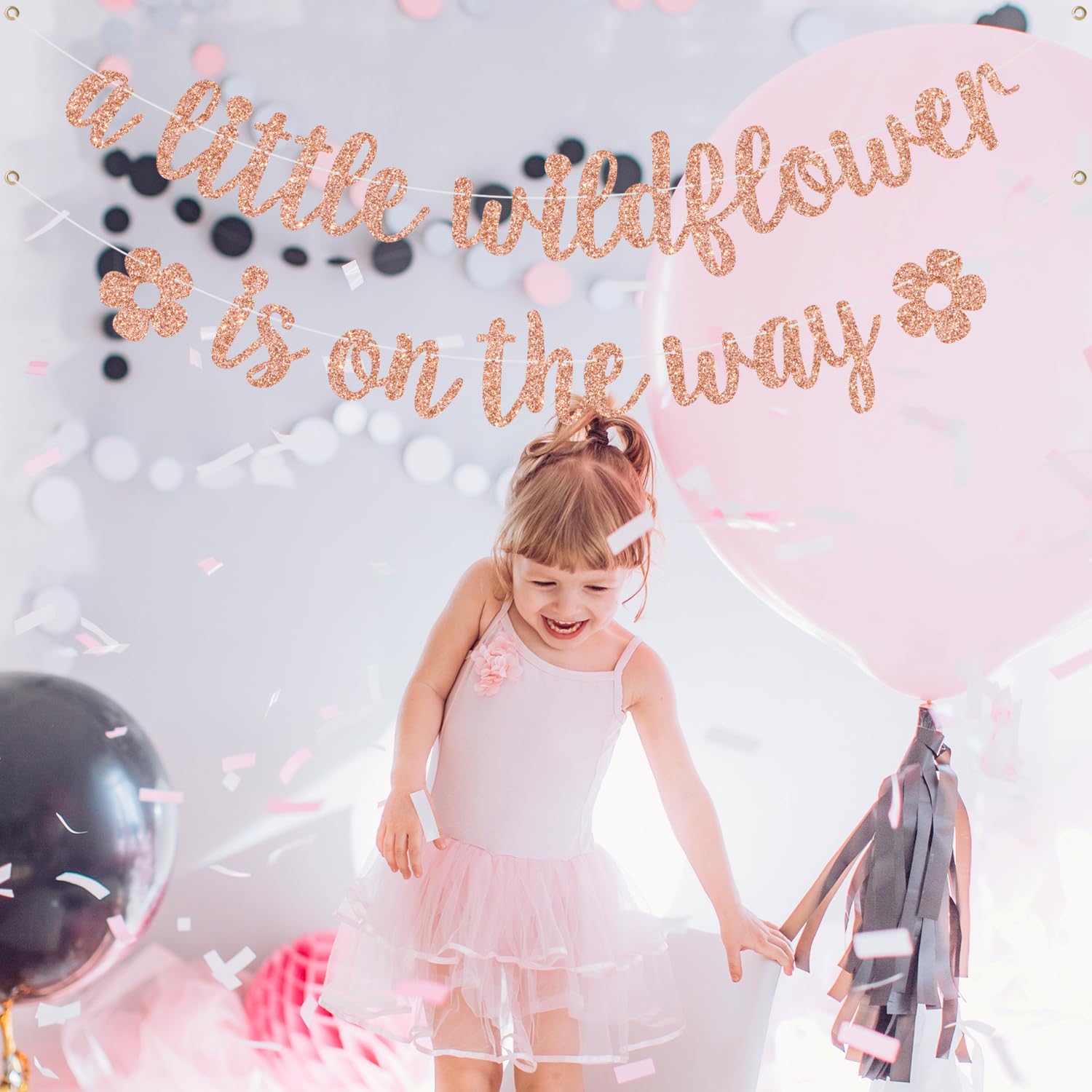 "A Little Wildflower Is On The Way" Cake Topper - Rose Gold Glitter Floral Baby Shower Decor