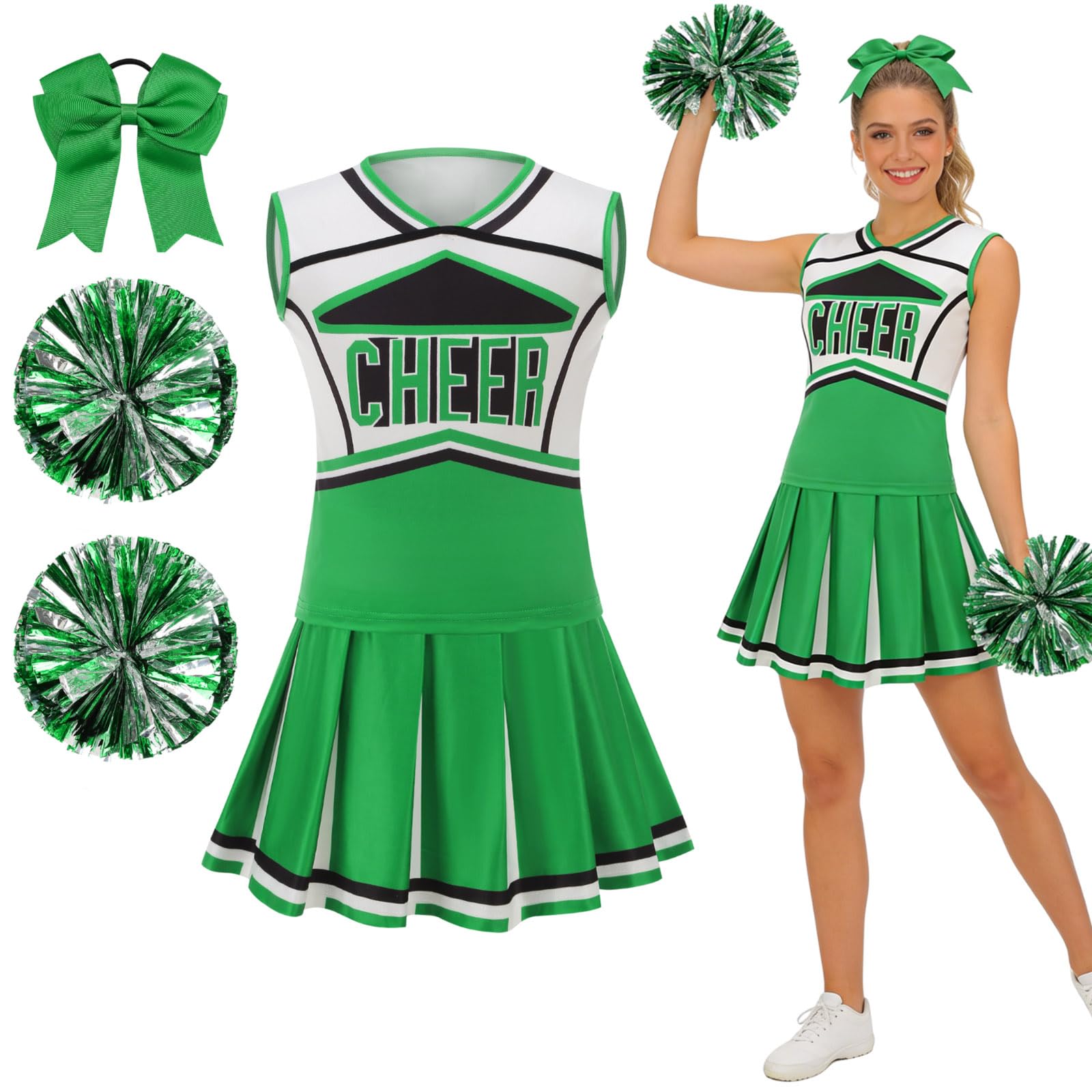 maxToonrain Women Cheerleader Costume 5 PCS Classic Style Adults Cheerleader Outfit with Pom Poms, Top, Skirt, Stockings and Headband for 2026 High School Musical Events Halloween (Green, XS)