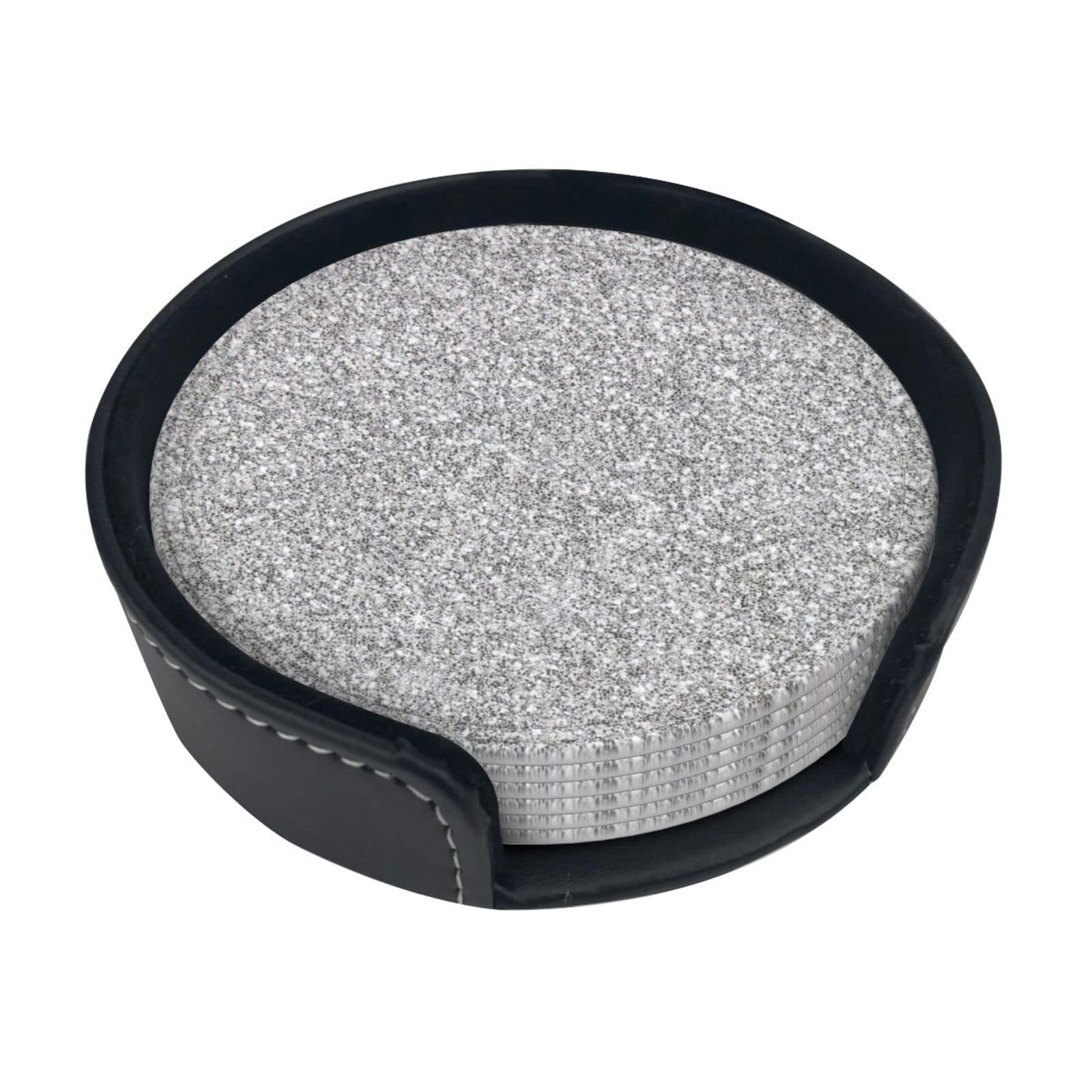 Loujin Silver Round Coasters, Glitter,Mugs Pad Cups Mat Set Of 6 Leather Drinks Coasters With Holder